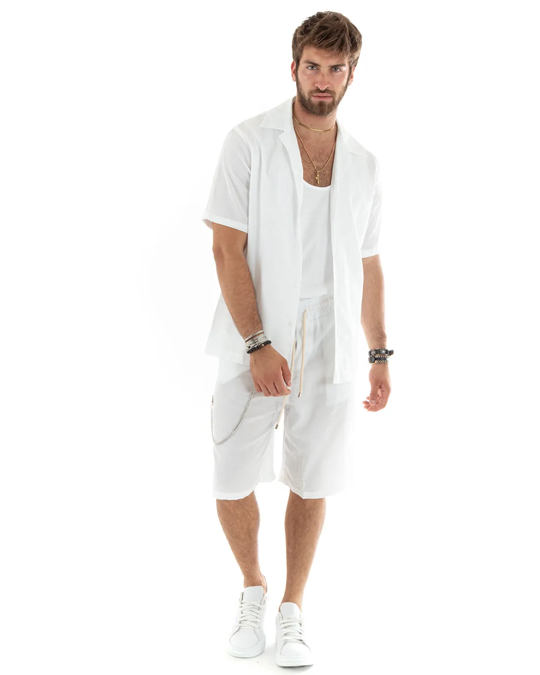 Completo Set Coordinato Uomo Viscosa Camicia Con Colletto Bermuda Outfit Bianco GIOSAL-OU2358A