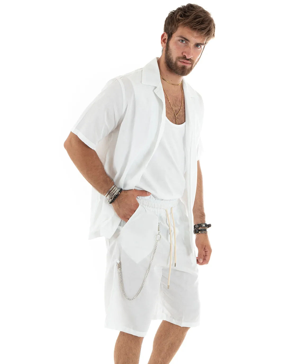 Completo Set Coordinato Uomo Viscosa Camicia Con Colletto Bermuda Outfit Bianco GIOSAL-OU2358A