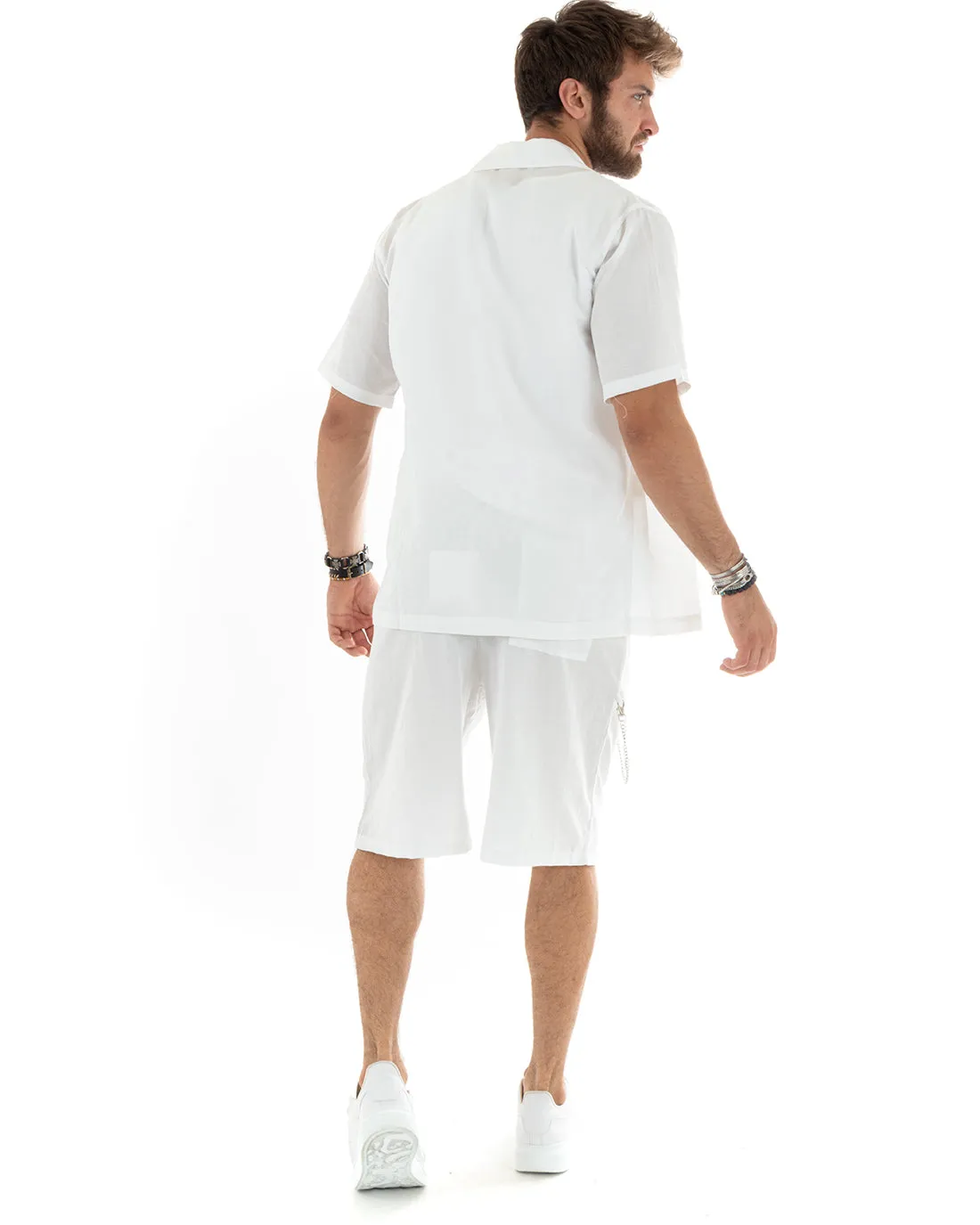 Completo Set Coordinato Uomo Viscosa Camicia Con Colletto Bermuda Outfit Bianco GIOSAL-OU2358A