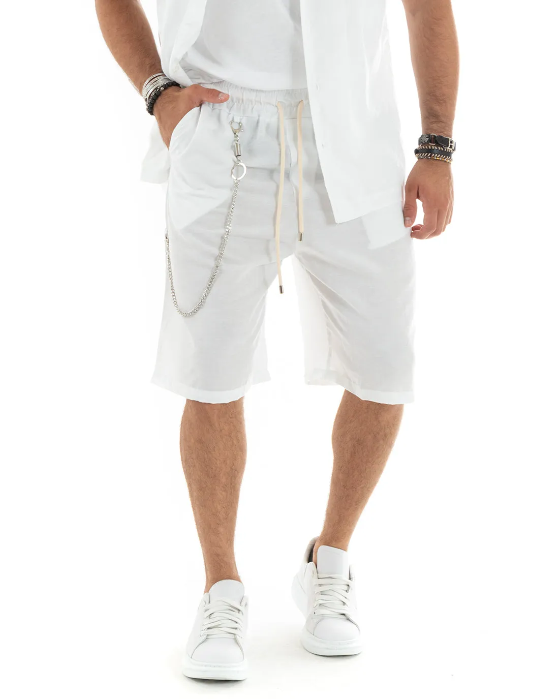 Completo Set Coordinato Uomo Viscosa Camicia Con Colletto Bermuda Outfit Bianco GIOSAL-OU2358A