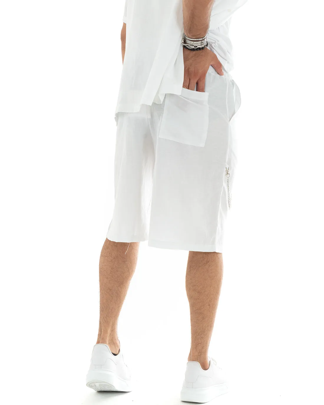 Completo Set Coordinato Uomo Viscosa Camicia Con Colletto Bermuda Outfit Bianco GIOSAL-OU2358A