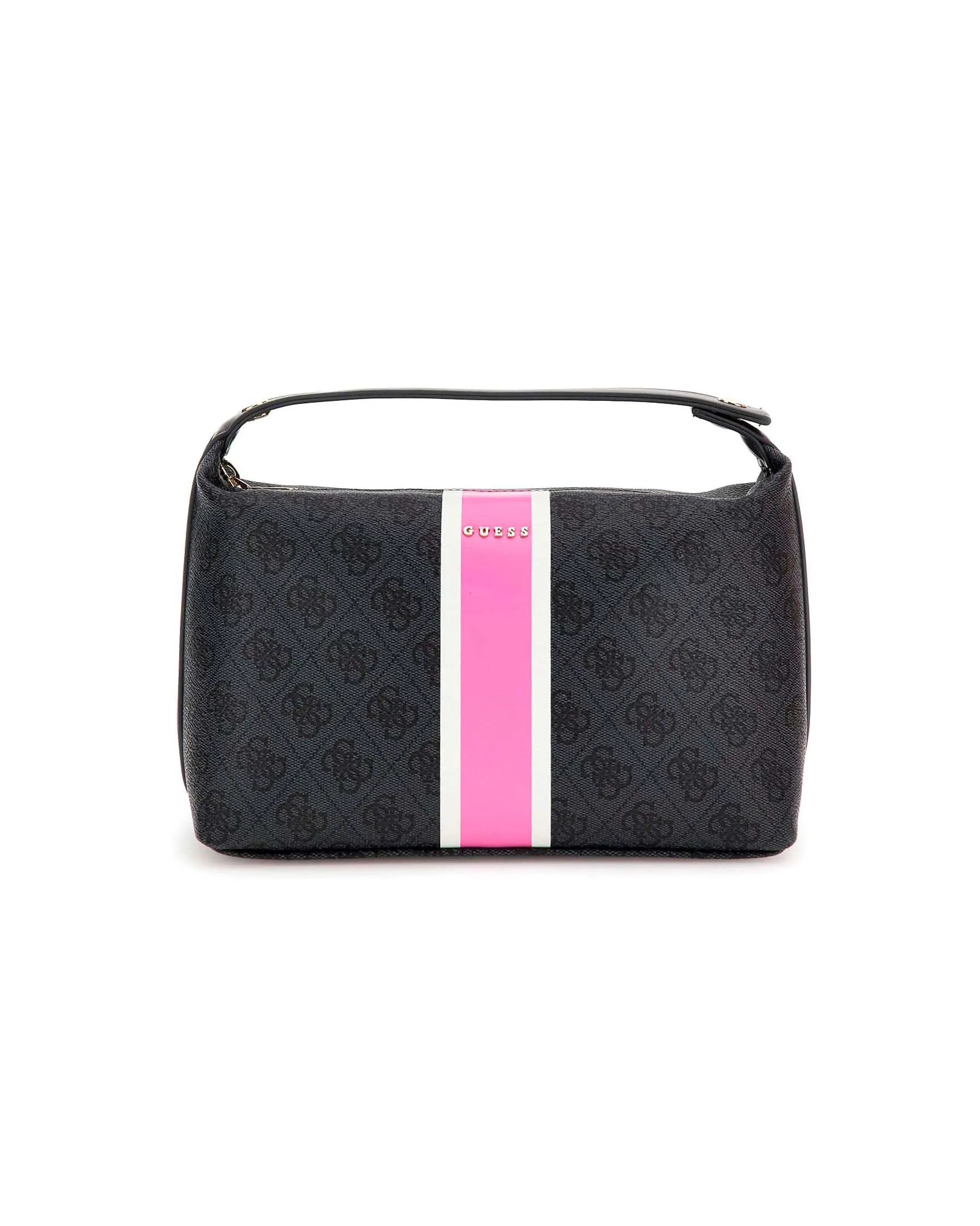 Cosmetic bag in similpelle grigia a motivo monogram nero e banda frontale rosa con manico a mano