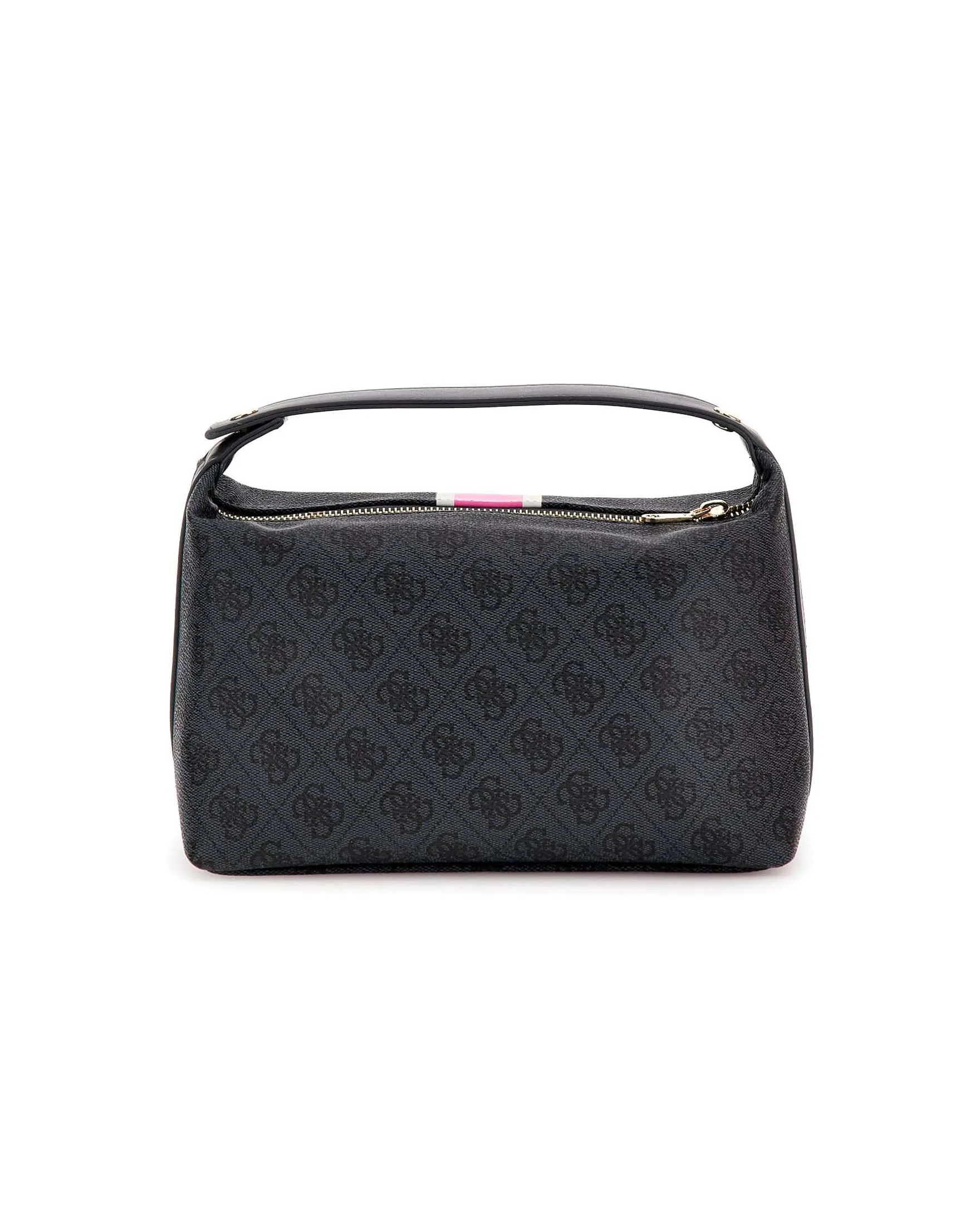 Cosmetic bag in similpelle grigia a motivo monogram nero e banda frontale rosa con manico a mano
