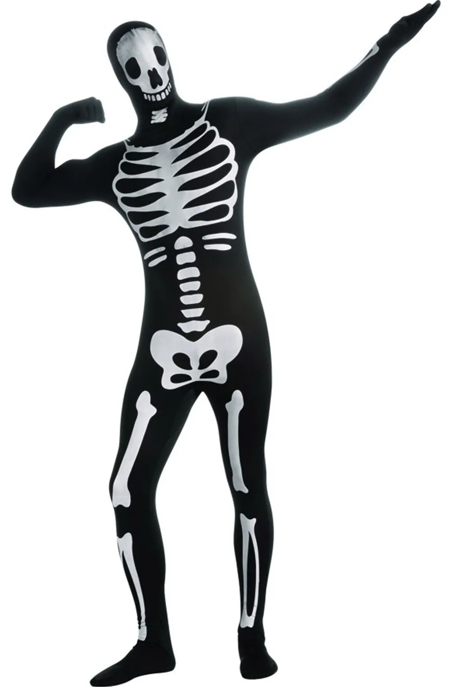 Costume uomo tuta nera scheletro fluorescente 2nd skin aderente