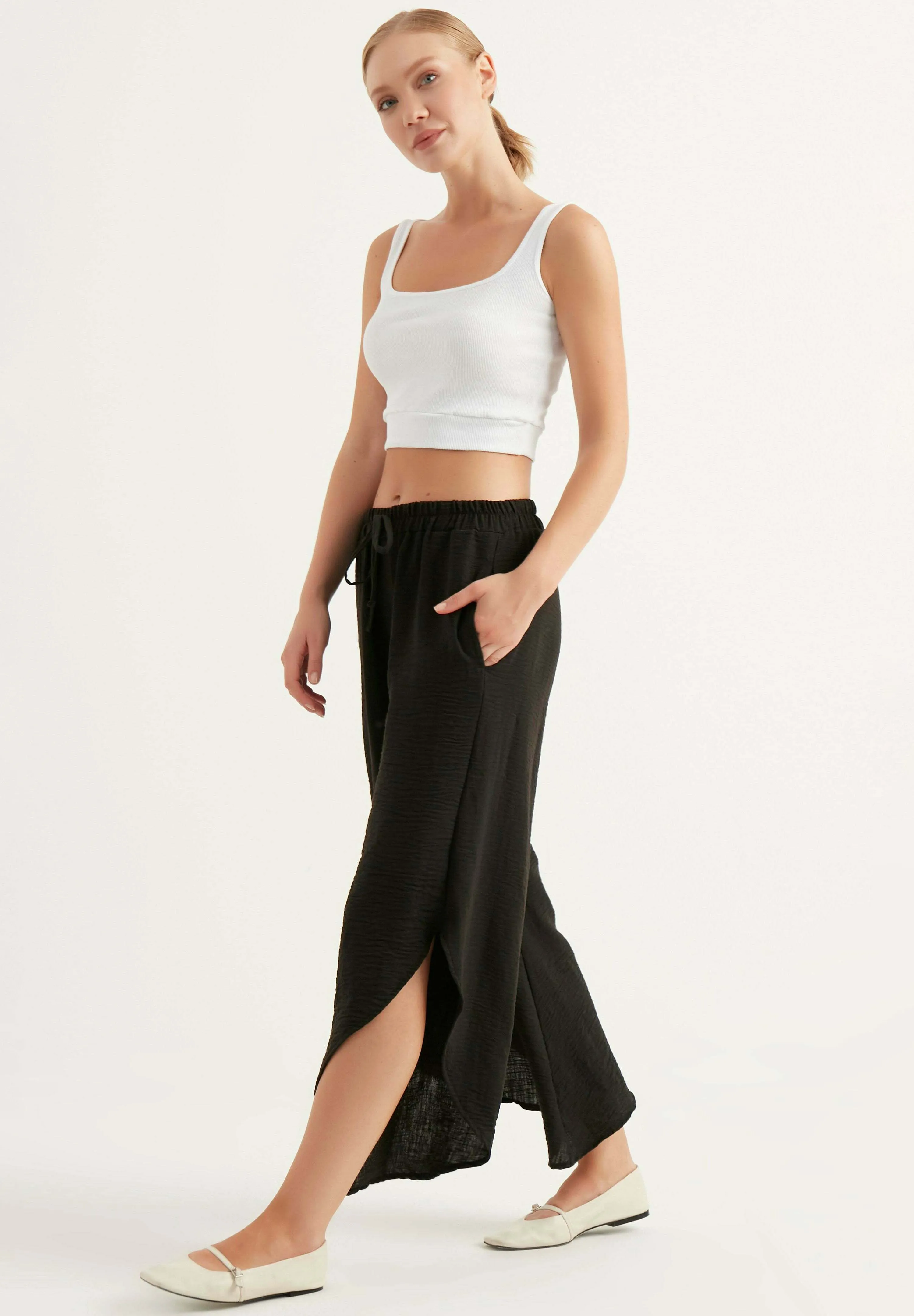 ELASTIC WAIST WIDE LEG - Pantaloni