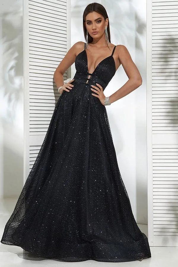 Elegante abito lungo svasato in tulle glitterato