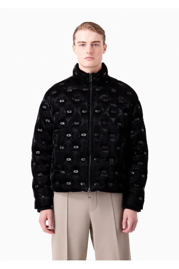 Emporio Armani Piumino Full Zip In Nylon Shiny Ripstop Matelassé Con Timbrini Aquila