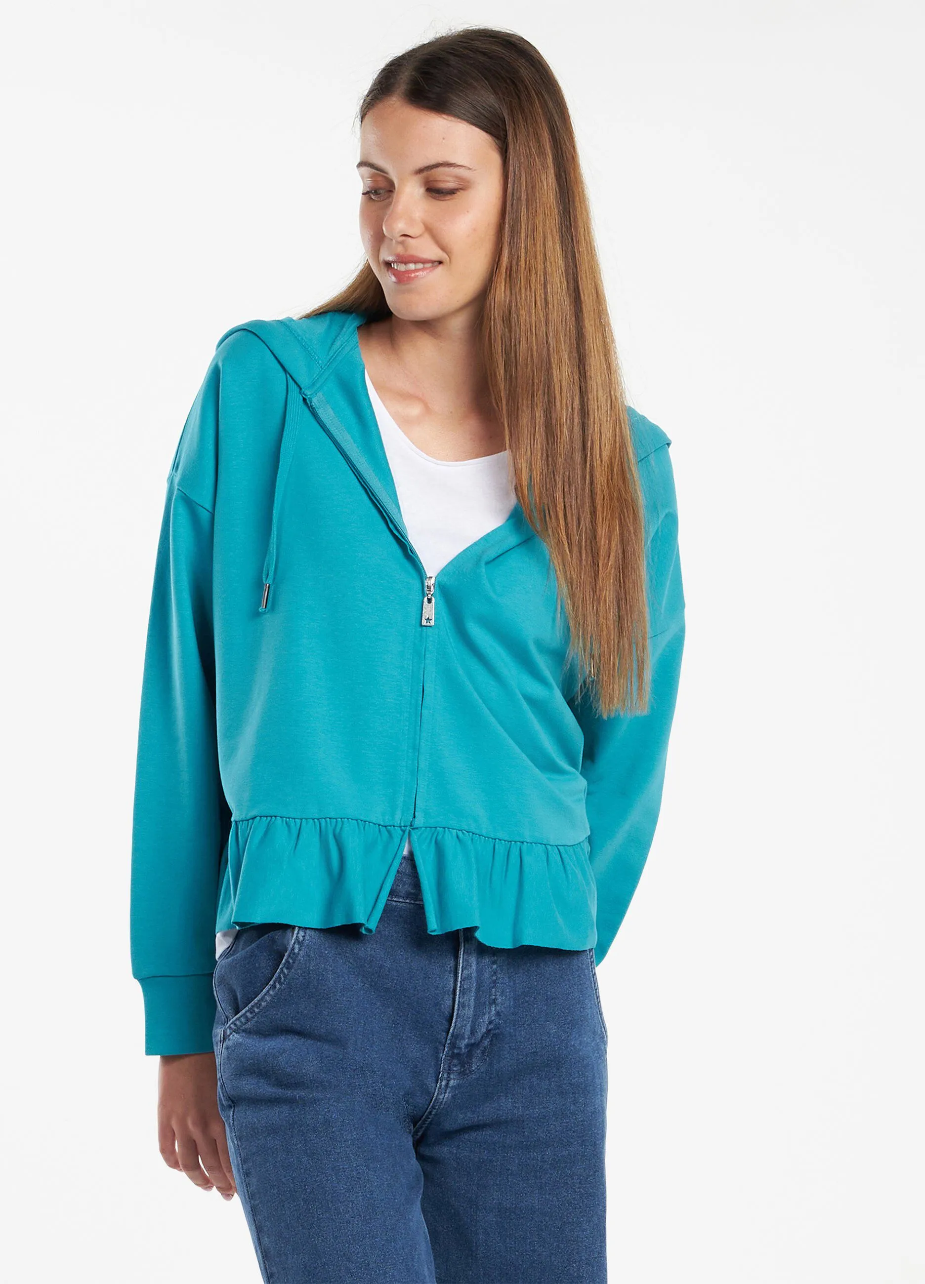 Felpa con cappuccio e rouches donna