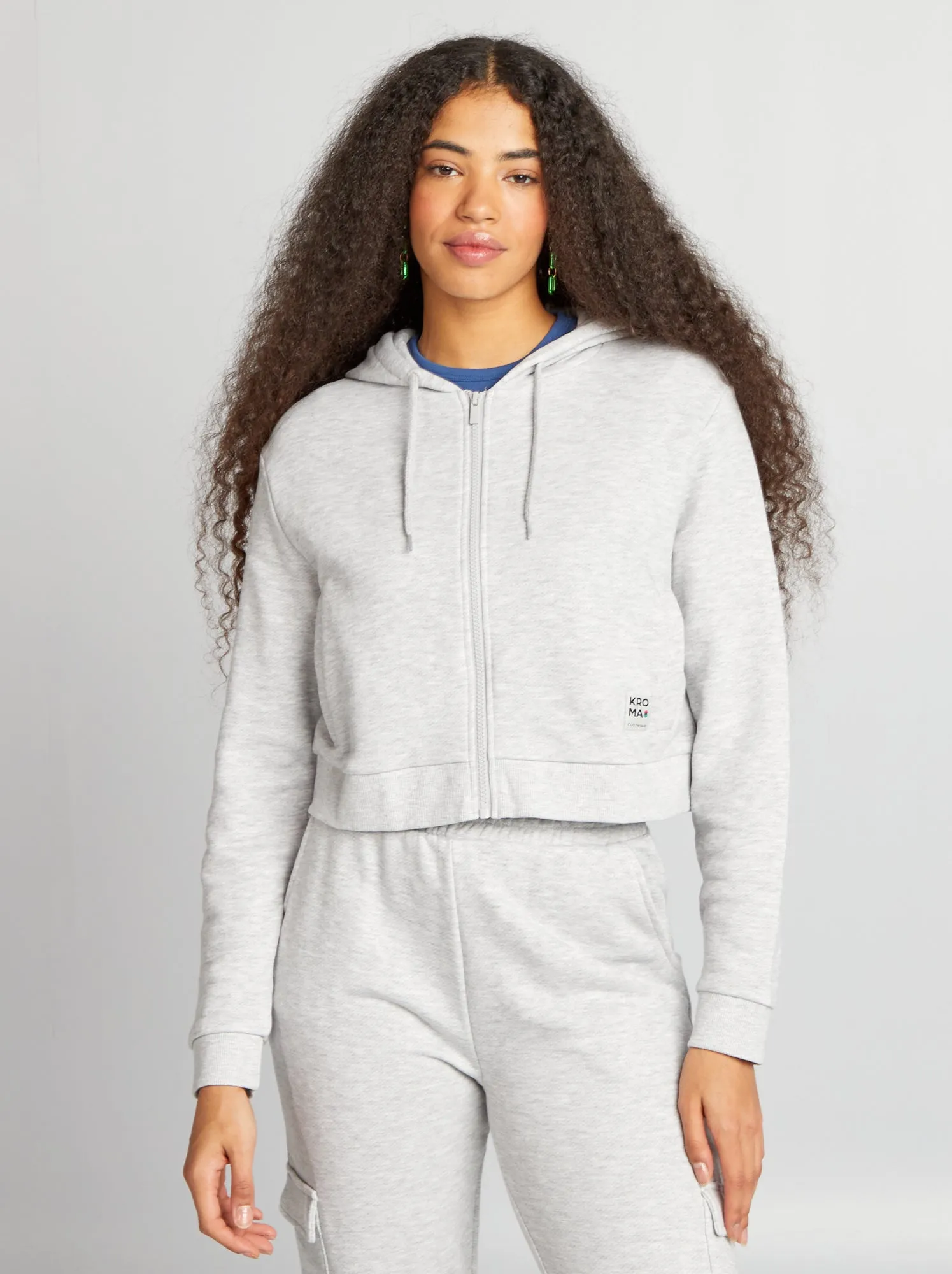 Felpa con zip e cappuccio tinta unita - GRIGIO