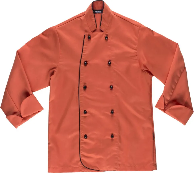 Giacca da cucina unisex in corallo con bottoni di sicurezza e profili a contrasto