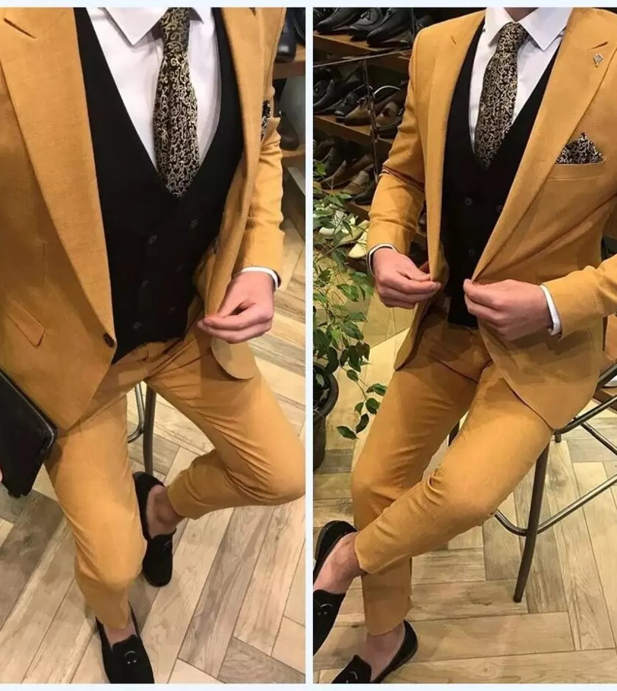 Giacca Gialla Pantalone Gilet Nero Costume Homme Matrimonio Uomo Abiti Slim Fit Blazer Smoking Sposo Matrimonio Terno Masculino