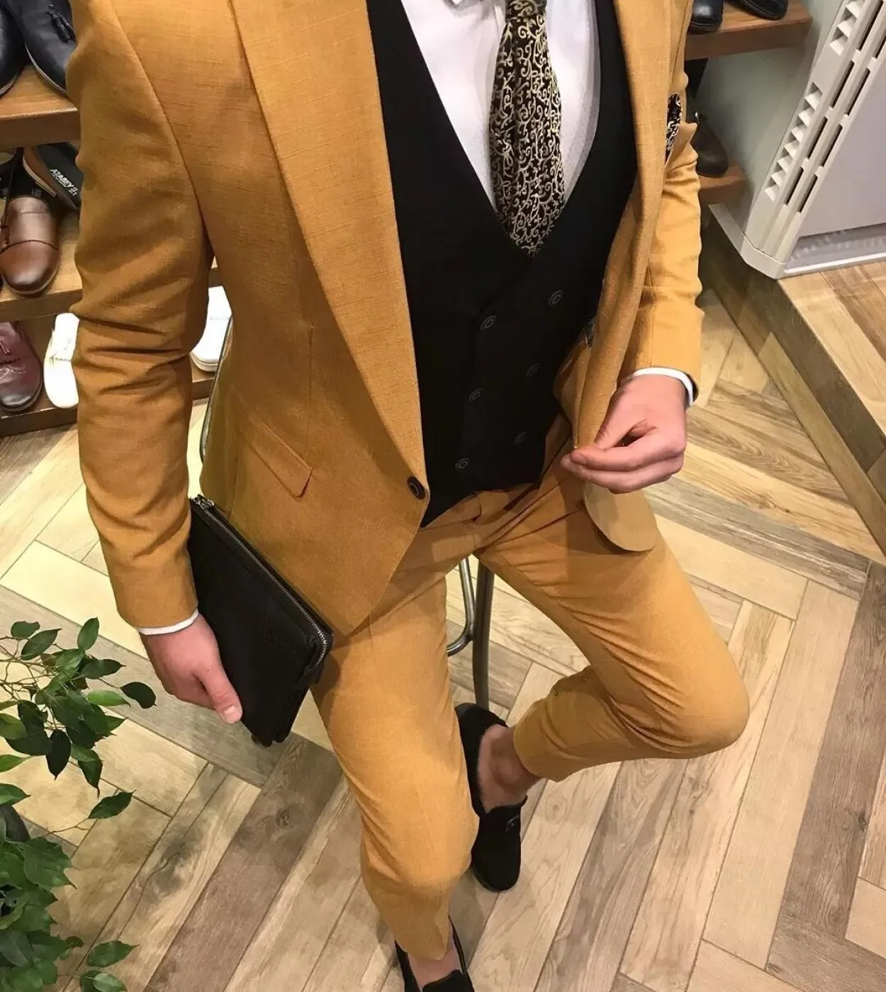 Giacca Gialla Pantalone Gilet Nero Costume Homme Matrimonio Uomo Abiti Slim Fit Blazer Smoking Sposo Matrimonio Terno Masculino