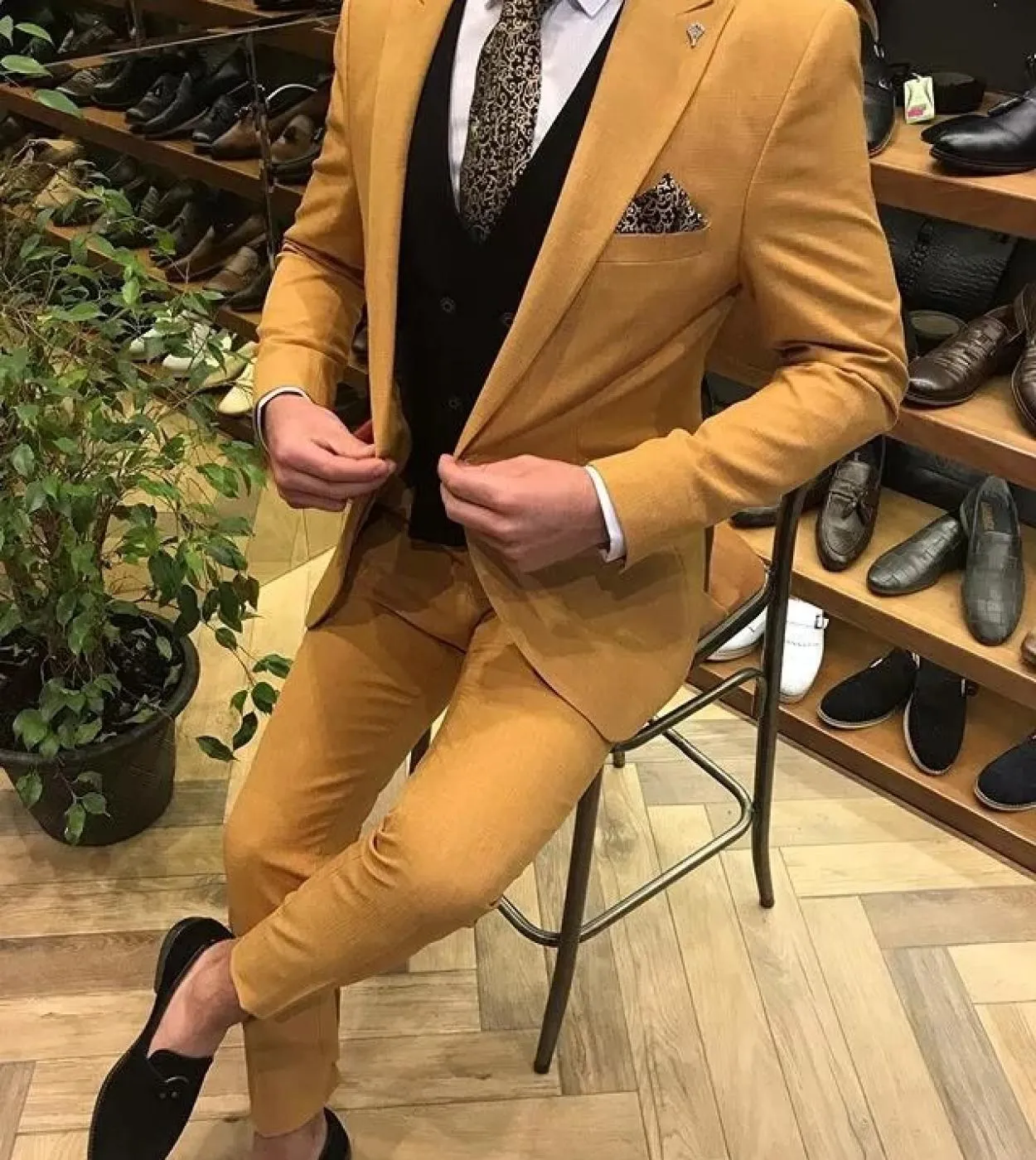 Giacca Gialla Pantalone Gilet Nero Costume Homme Matrimonio Uomo Abiti Slim Fit Blazer Smoking Sposo Matrimonio Terno Masculino
