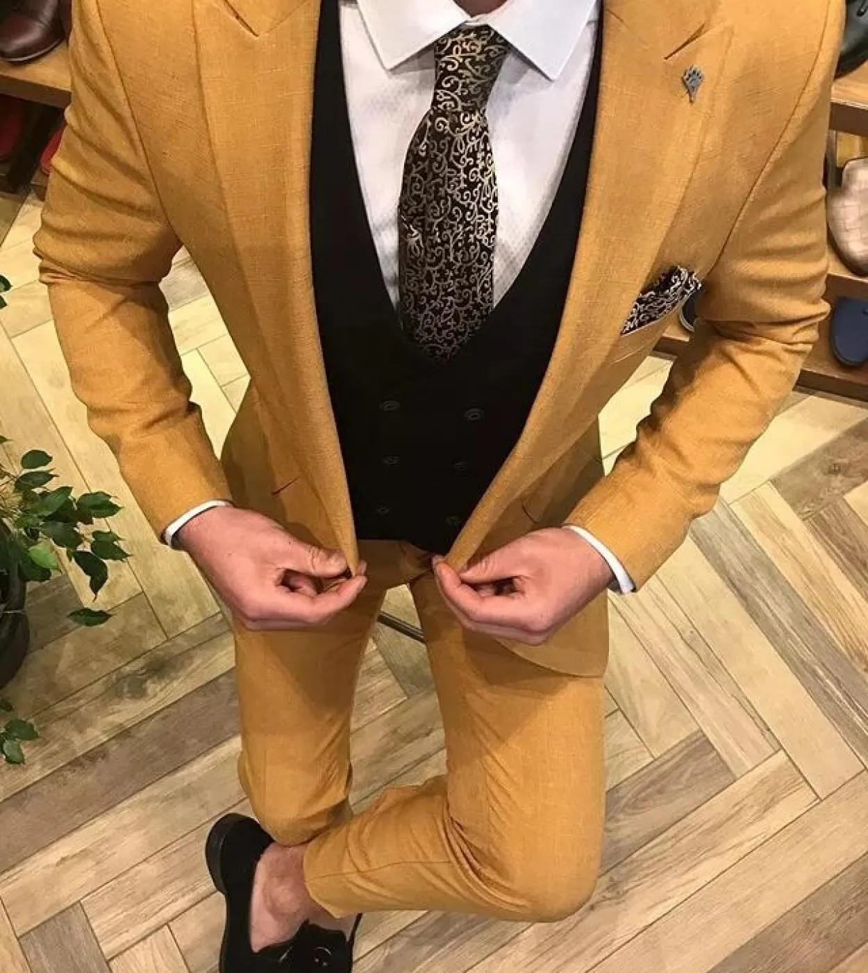 Giacca Gialla Pantalone Gilet Nero Costume Homme Matrimonio Uomo Abiti Slim Fit Blazer Smoking Sposo Matrimonio Terno Masculino