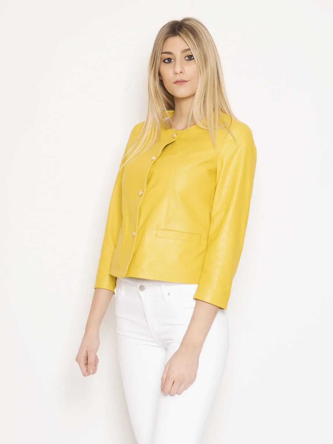 Giacca in Pelle con Bottoni Giallo