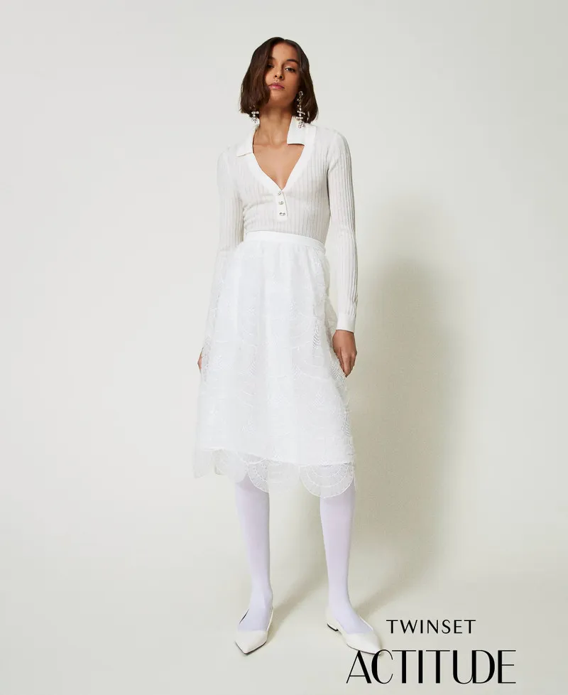 Gonna longuette in organza con ricami