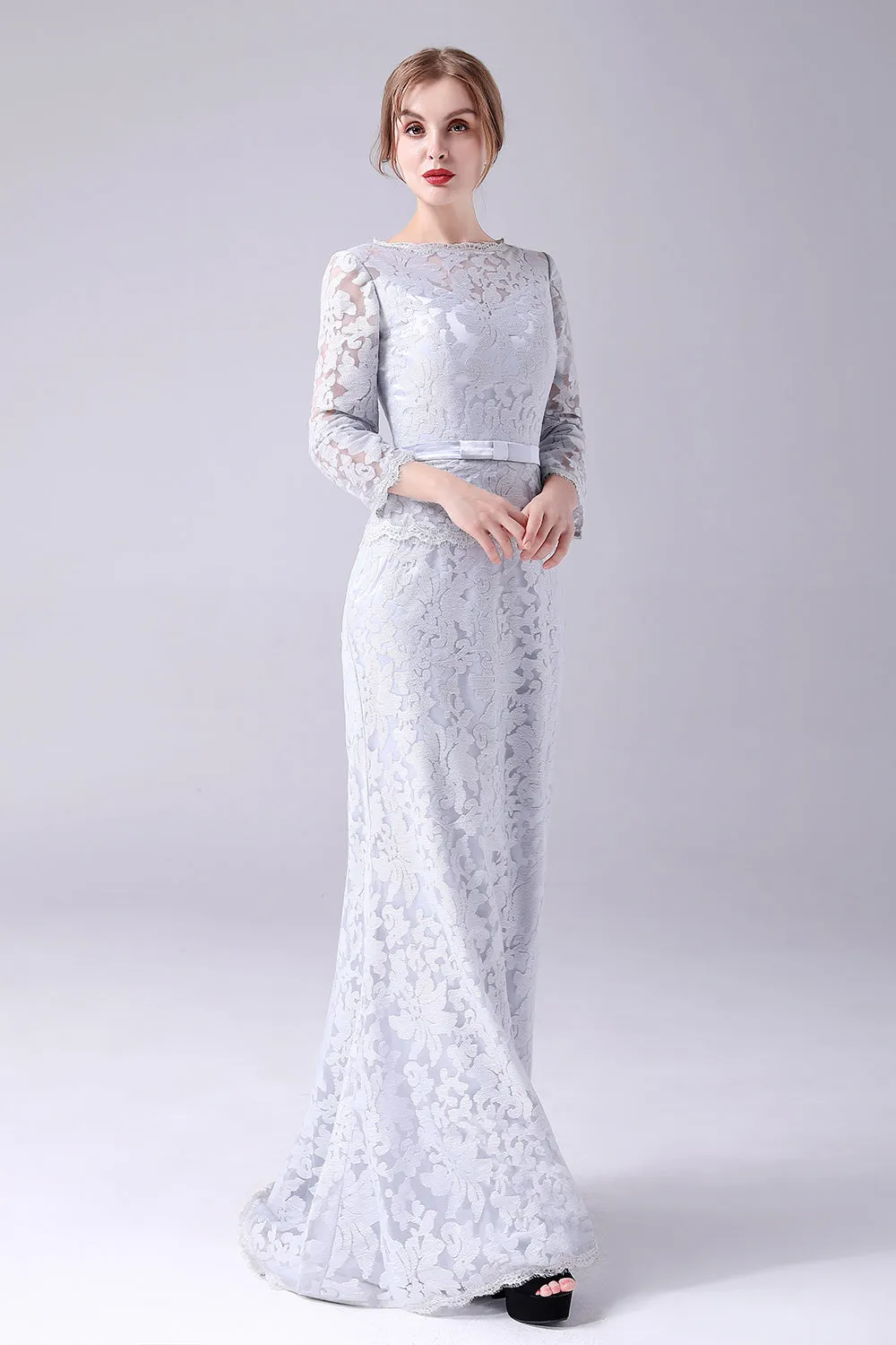 Guaina in pizzo d'argento maniche lunghe lunghezza al piano madre del vestito da sposa