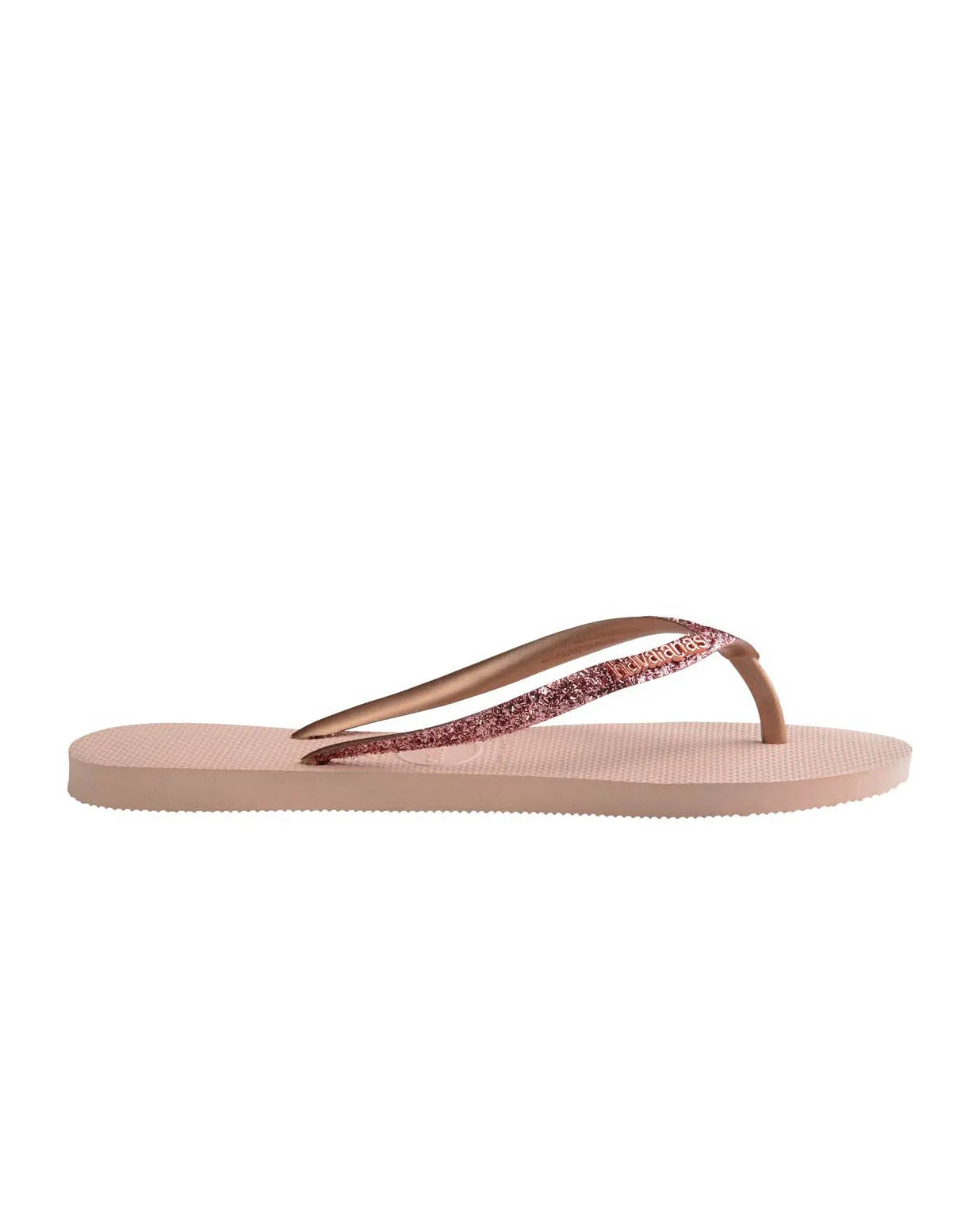 Havaianas Slim Glitter II rosa con glitter rosa scuro sulle fascette e scritta logo a rilievo in metallo