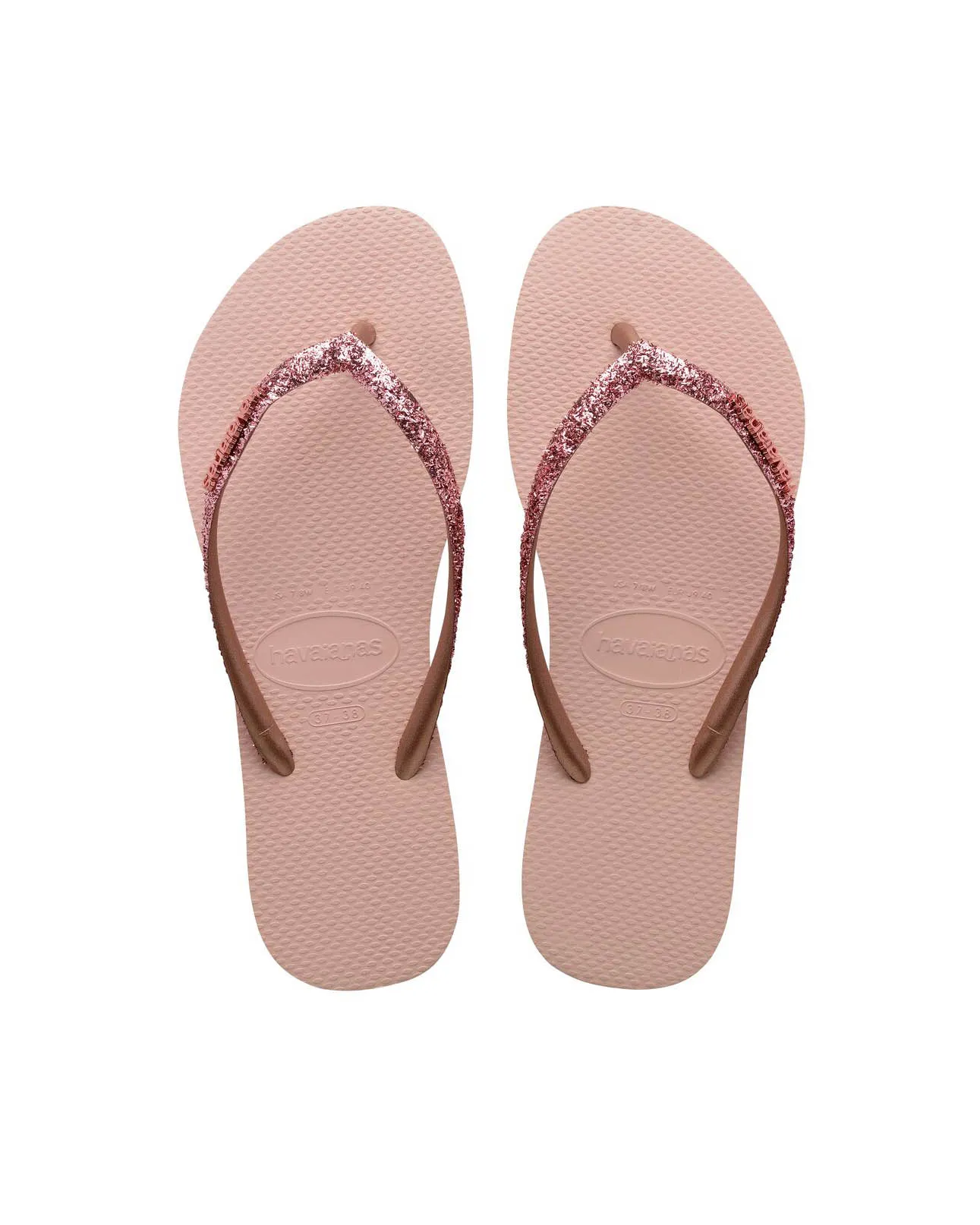 Havaianas Slim Glitter II rosa con glitter rosa scuro sulle fascette e scritta logo a rilievo in metallo