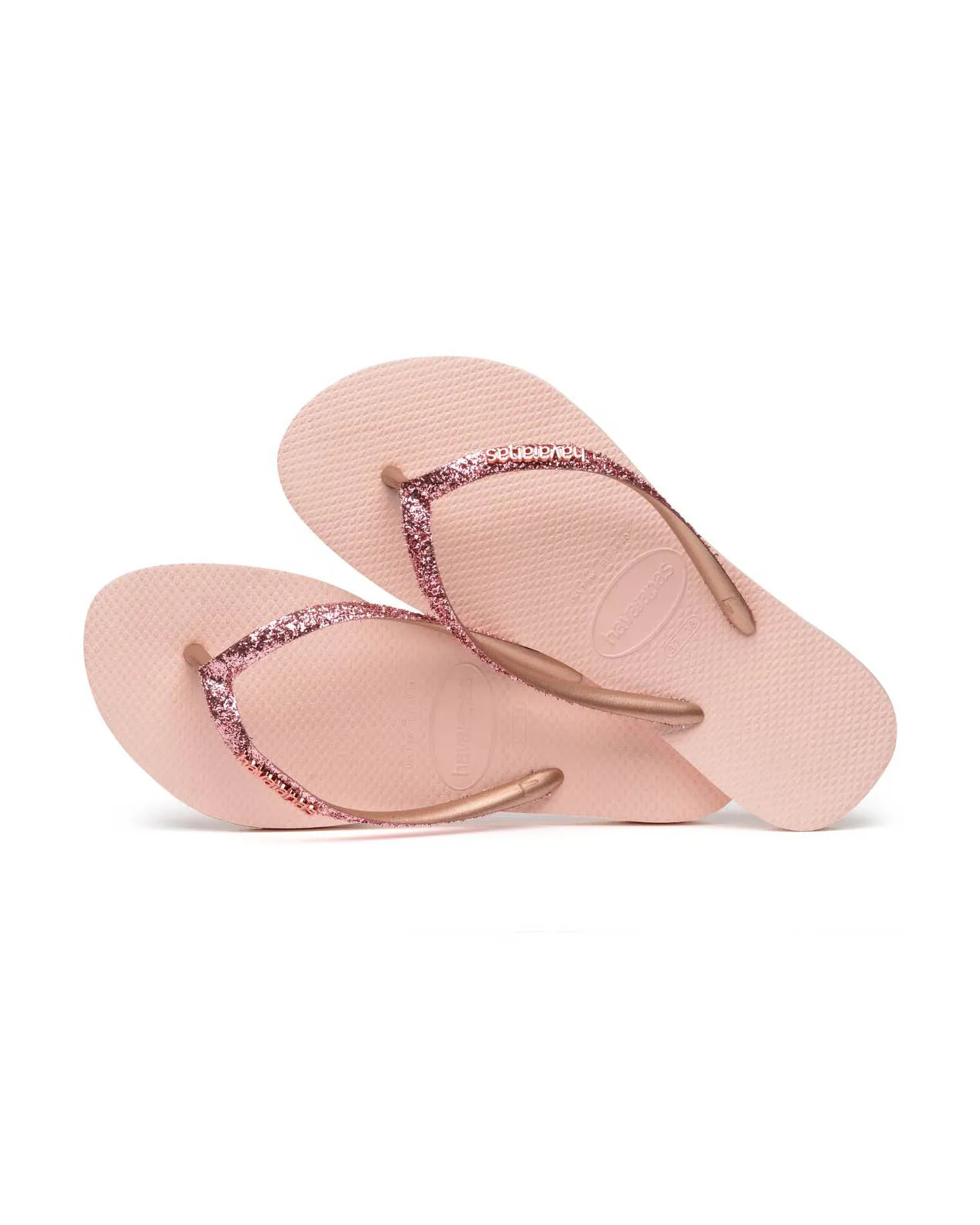 Havaianas Slim Glitter II rosa con glitter rosa scuro sulle fascette e scritta logo a rilievo in metallo