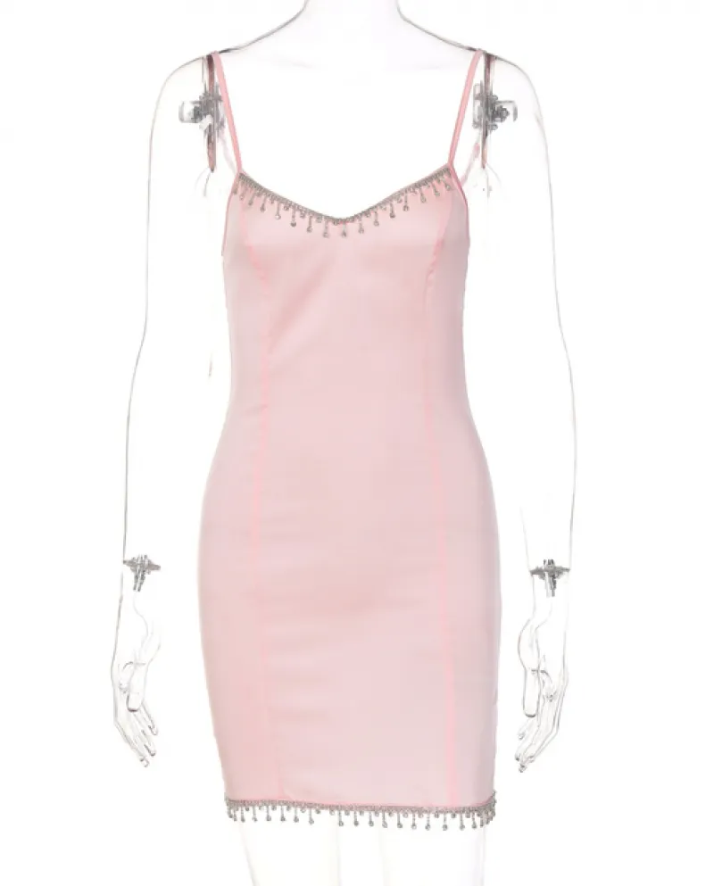 Hirigin Mini abito da donna con cinturino in raso arricciato con patchwork di diamanti e nappe B