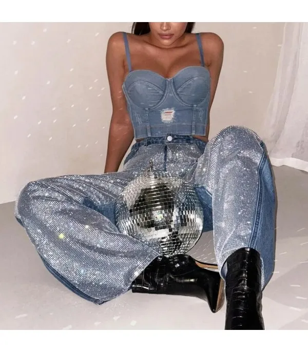 Jeans fullleg half strass