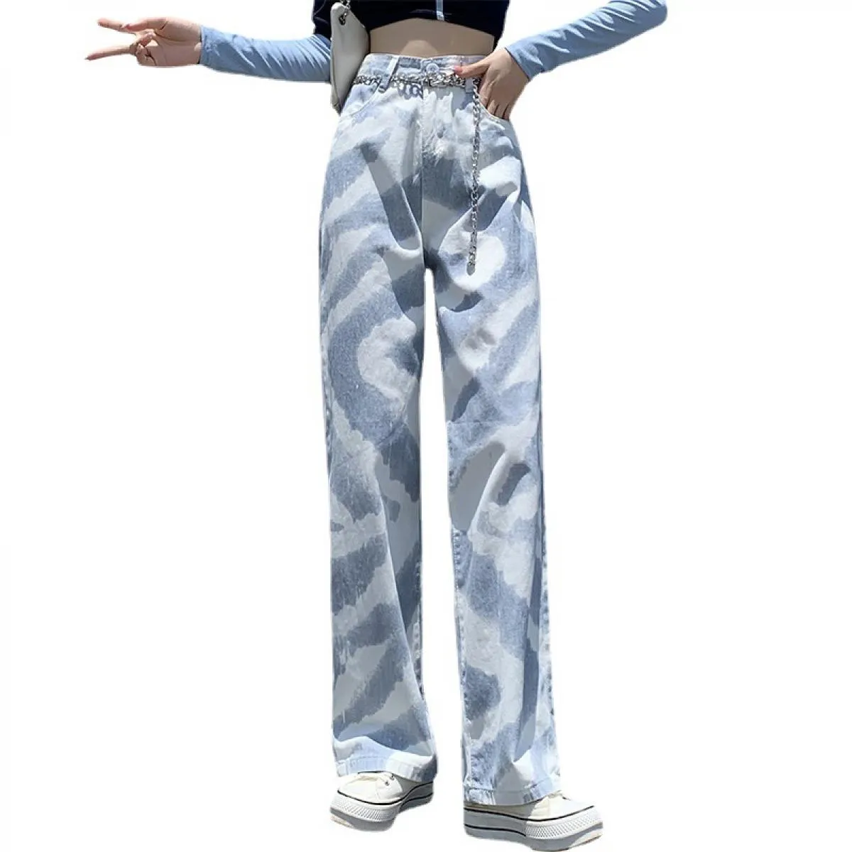 Jeans tinti in cravatta Pantaloni a gamba larga dritti a vita alta dal design primaverile 2022 da donna