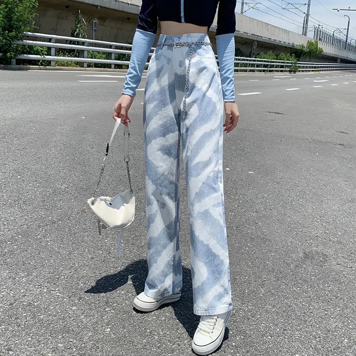 Jeans tinti in cravatta Pantaloni a gamba larga dritti a vita alta dal design primaverile 2022 da donna