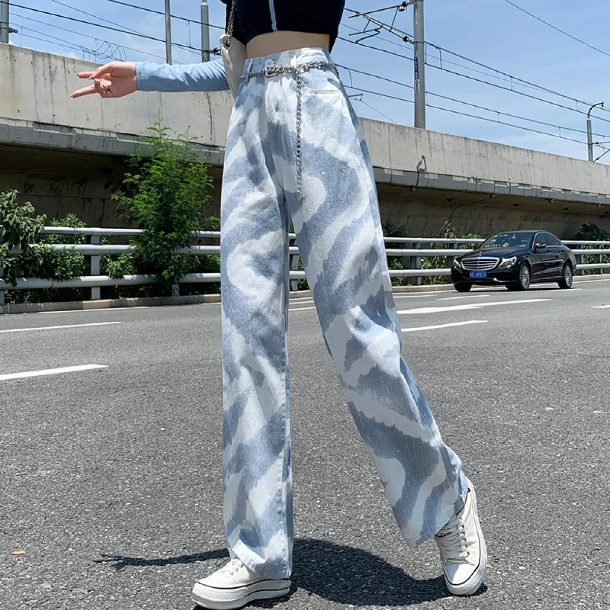 Jeans tinti in cravatta Pantaloni a gamba larga dritti a vita alta dal design primaverile 2022 da donna