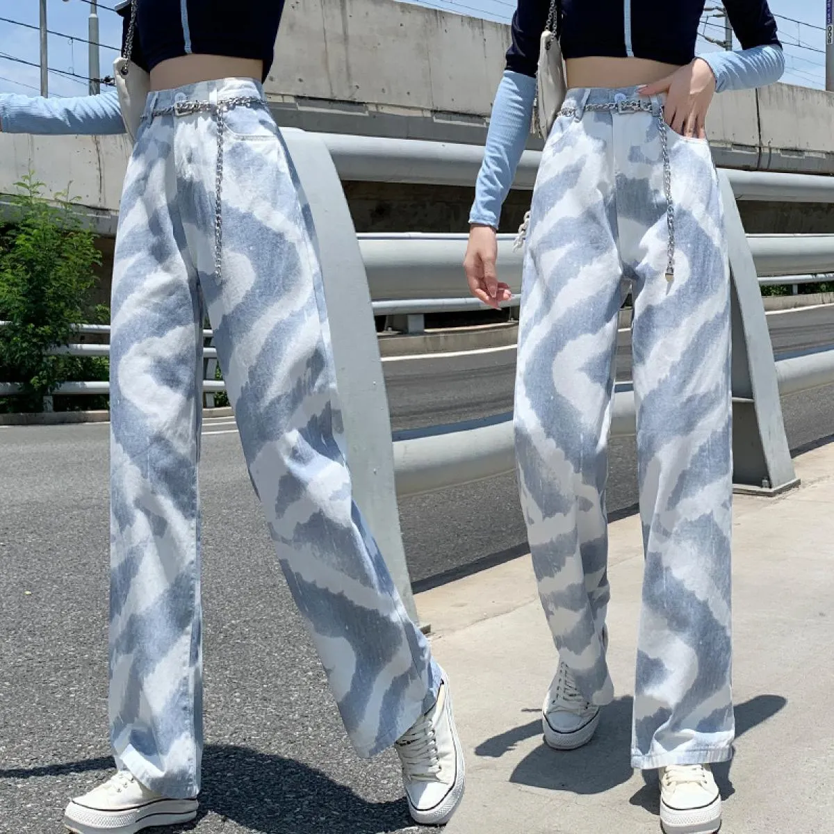 Jeans tinti in cravatta Pantaloni a gamba larga dritti a vita alta dal design primaverile 2022 da donna