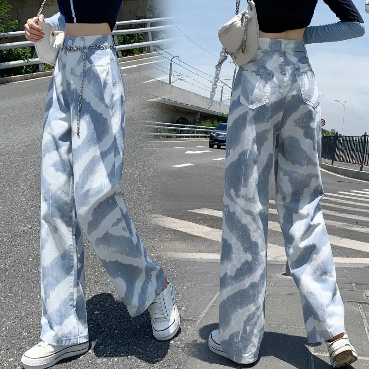 Jeans tinti in cravatta Pantaloni a gamba larga dritti a vita alta dal design primaverile 2022 da donna
