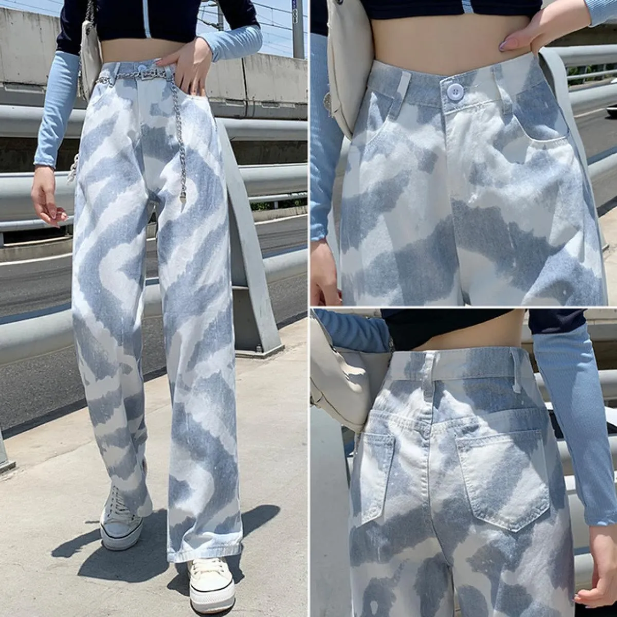 Jeans tinti in cravatta Pantaloni a gamba larga dritti a vita alta dal design primaverile 2022 da donna
