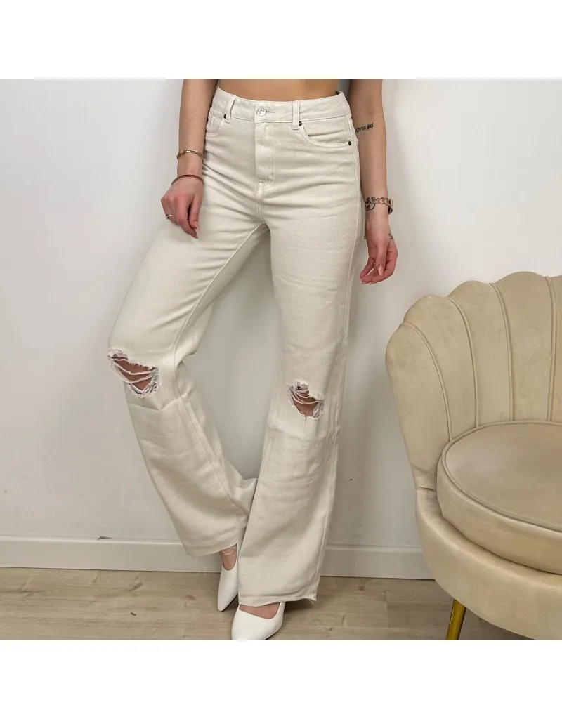 JEANS WIDE LEG RIPPED BEIGE