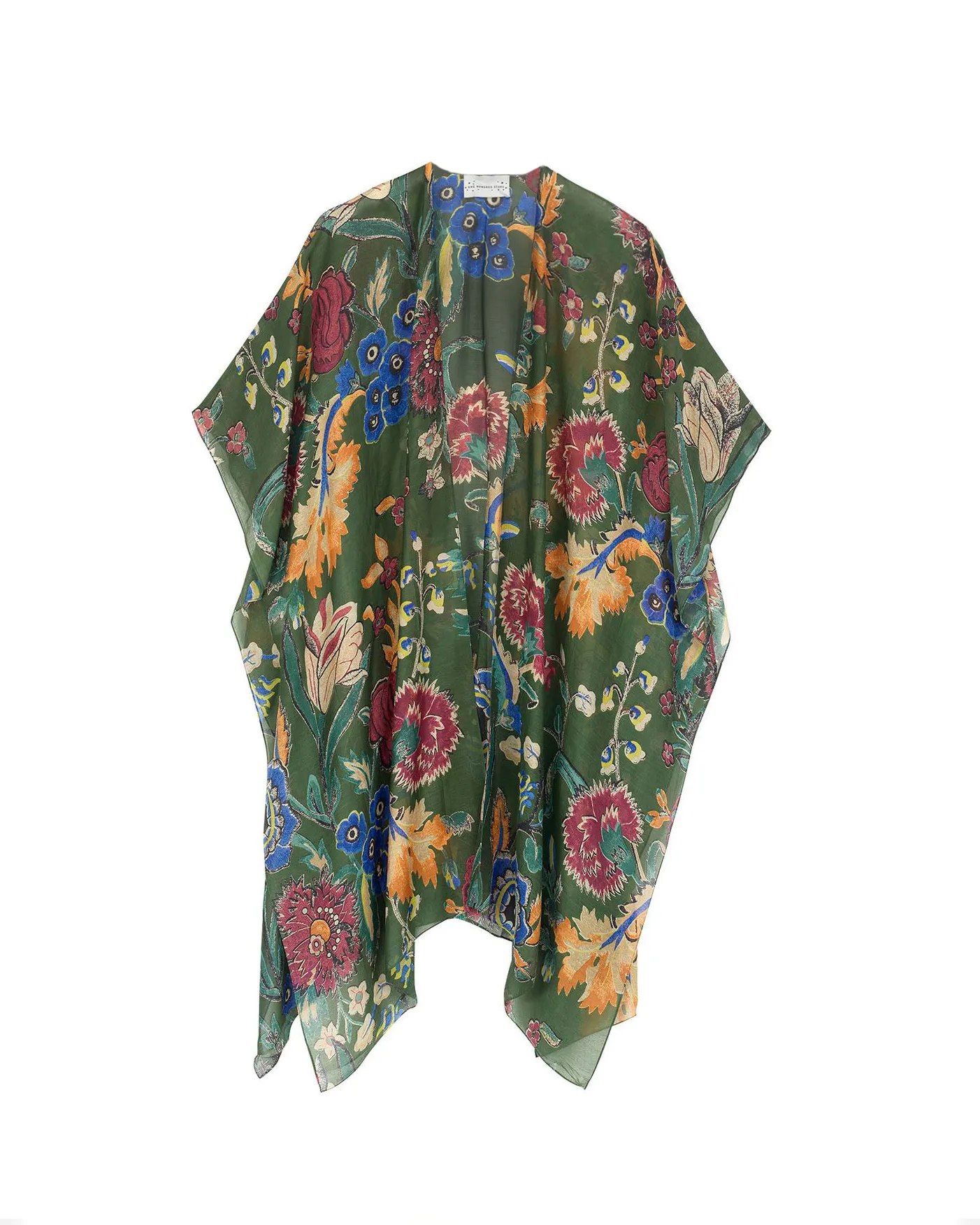 Kimono midi verde in misto cupro e modal a fantasia floreale multicolore