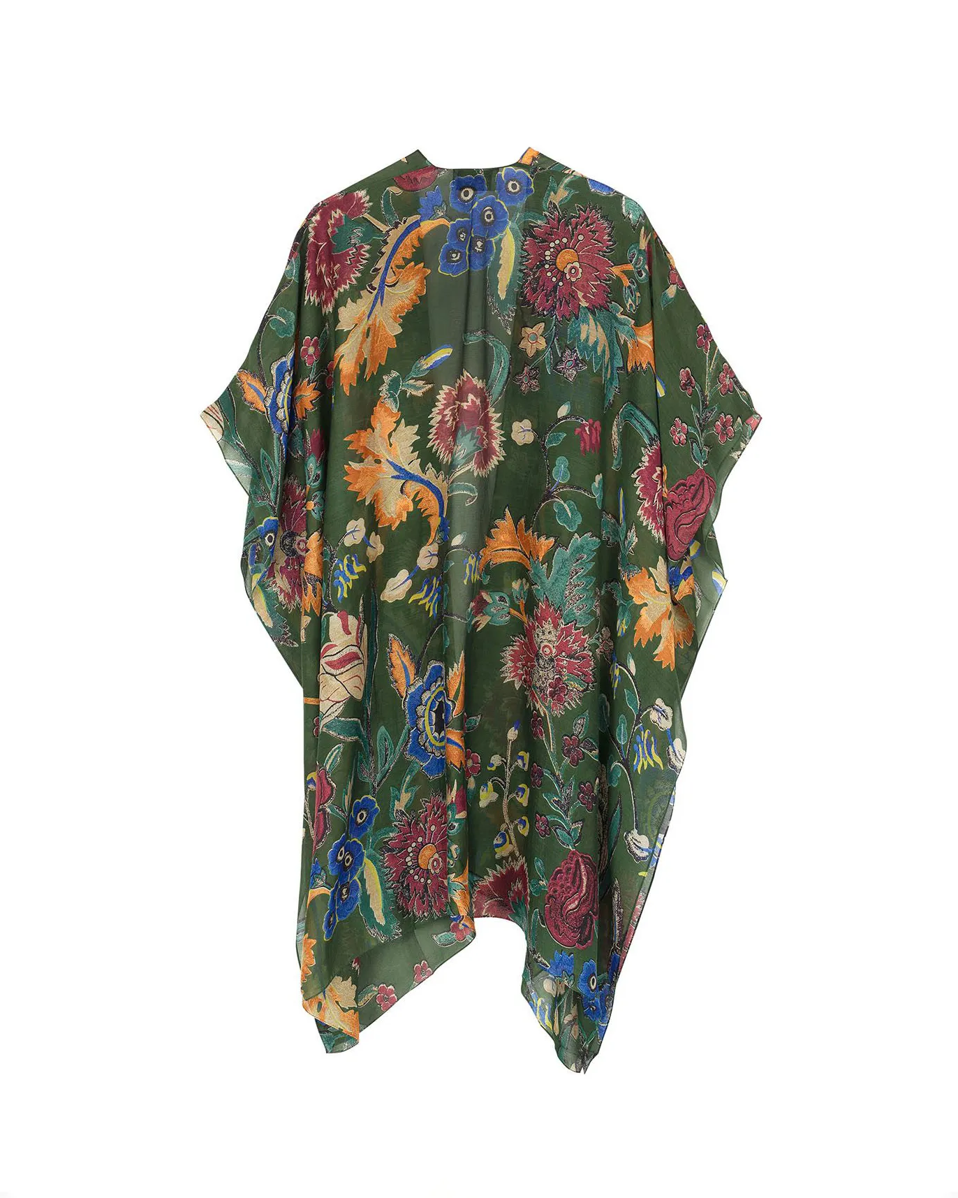 Kimono midi verde in misto cupro e modal a fantasia floreale multicolore