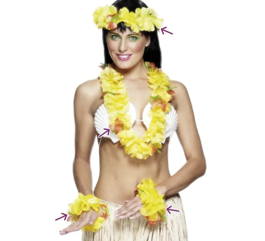 Kit hawaiano giallo: collana, fascia e bracciali