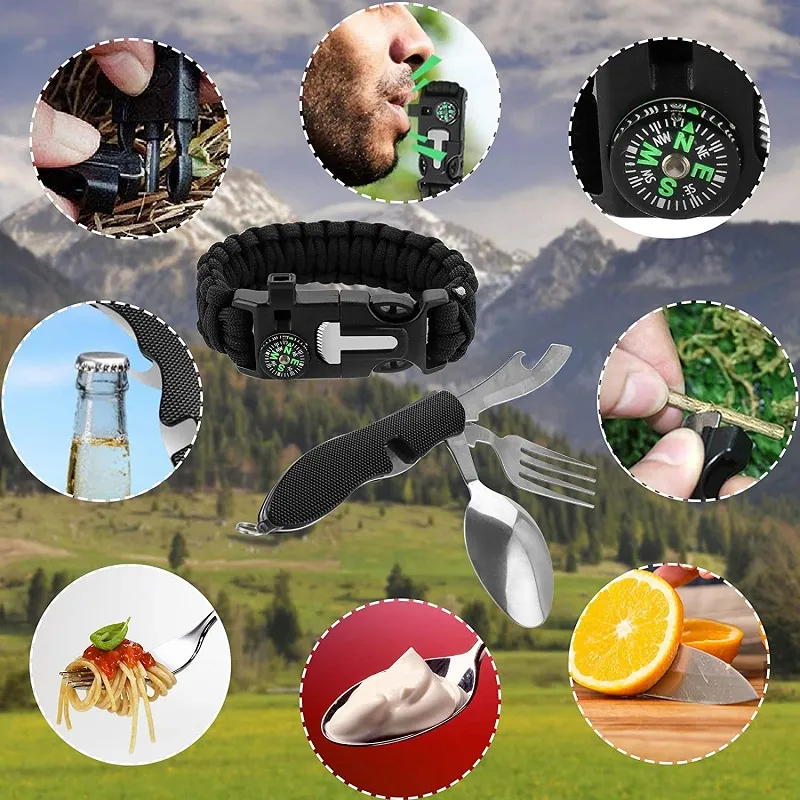 Kit sopravvivenza outdoor e urban 23 pezzi con posate penna da difesa e coltello