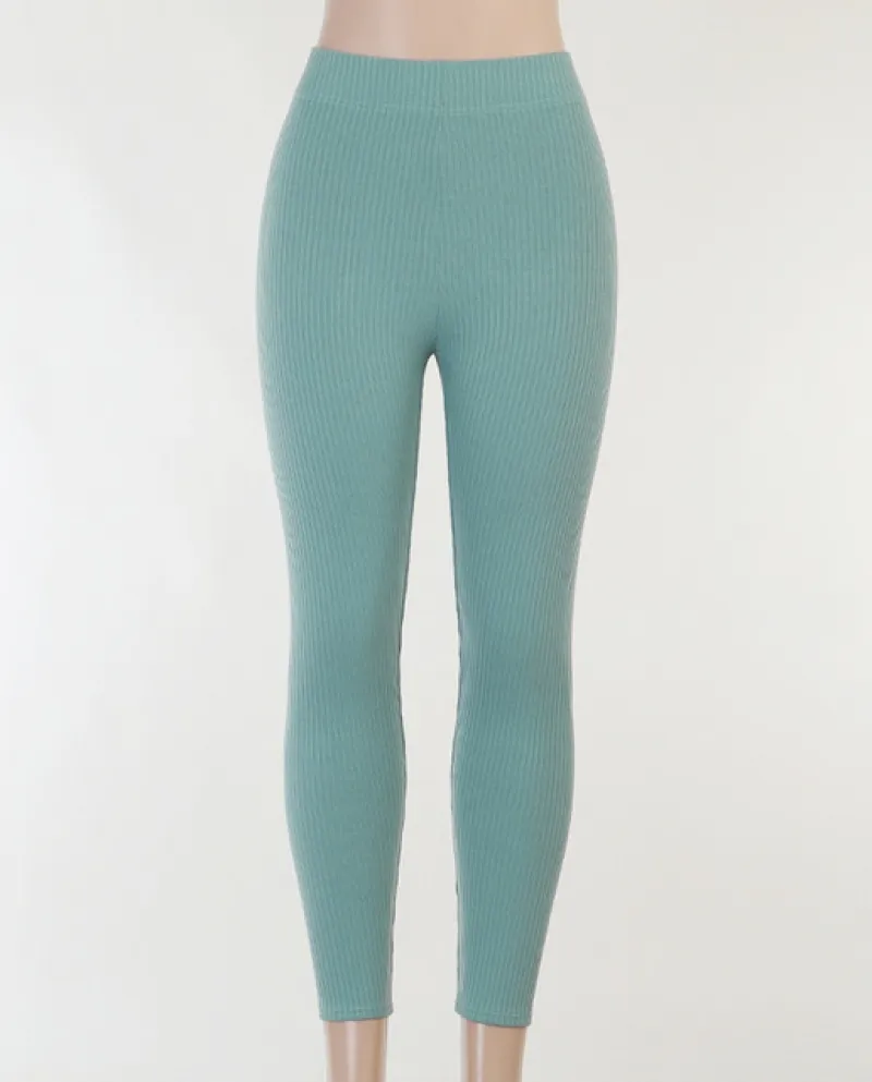 Leggings in maglia a coste blu  Pantaloni da donna in cotone a vita alta per il fitness Primavera casual New All Match Donn