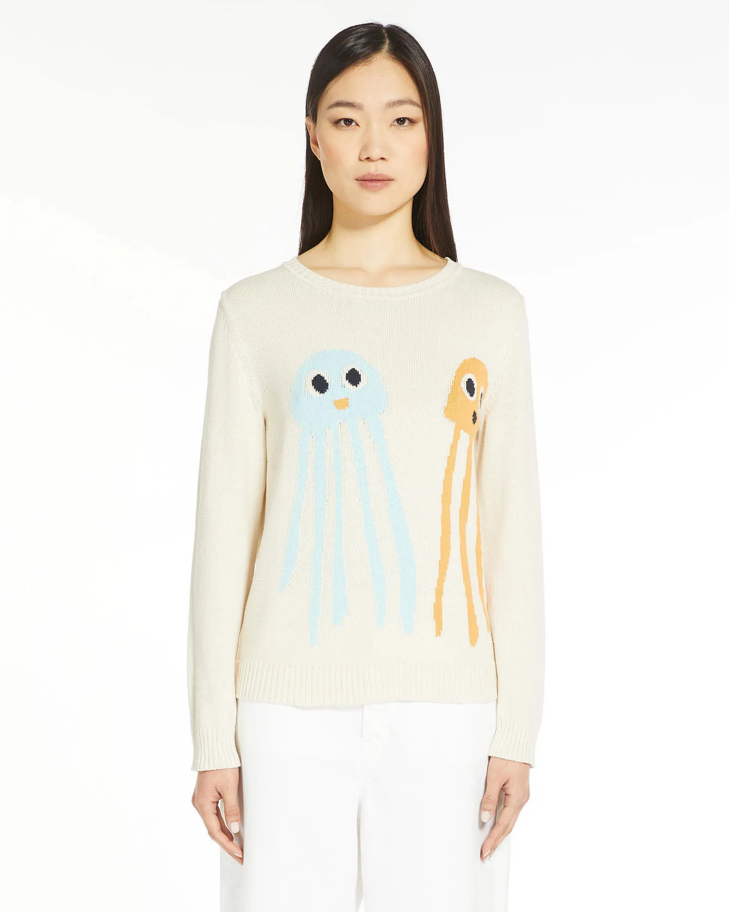Maglia avorio in cotone con meduse arancio e azzurra lavorate in jacquard