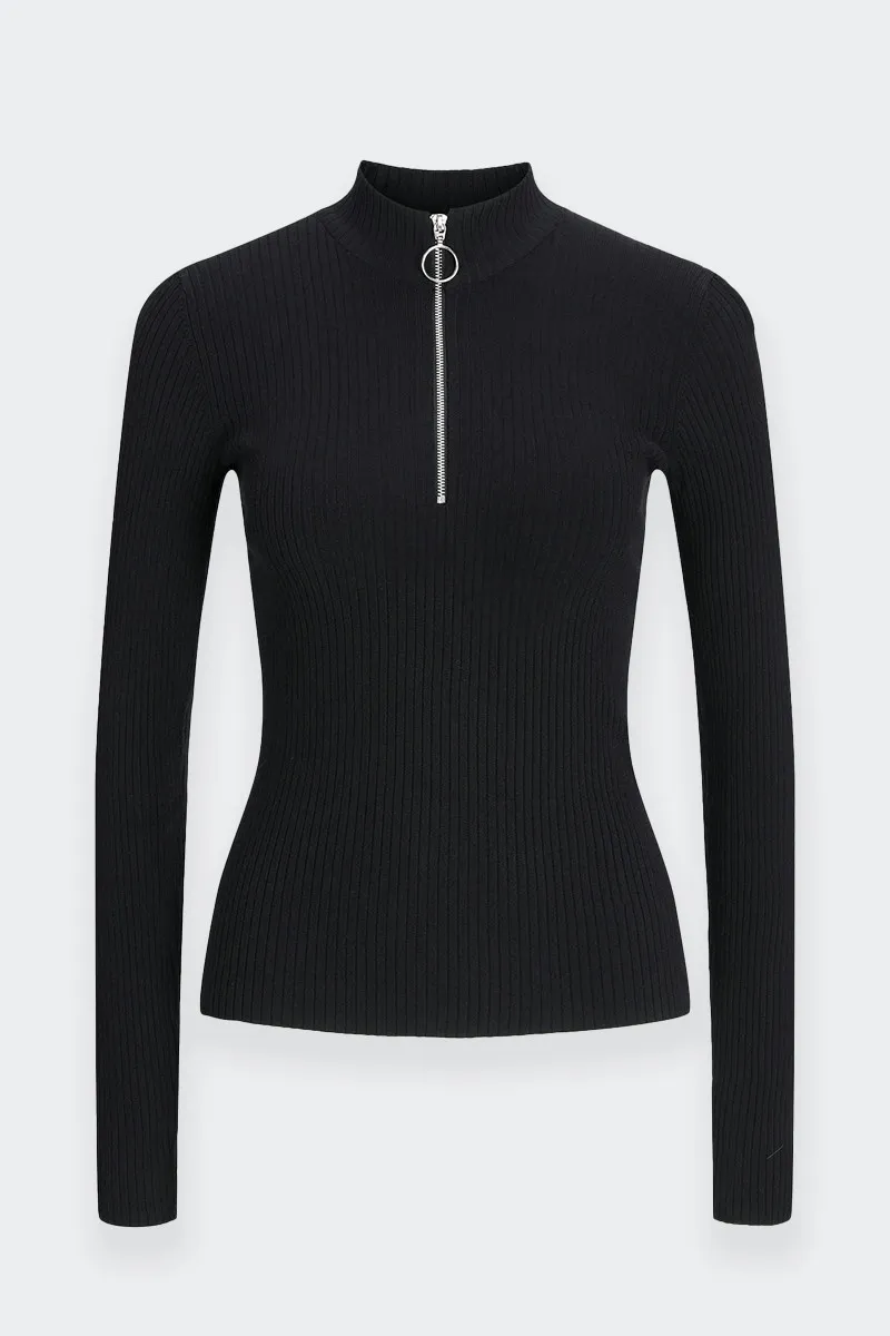 MAGLIONE A COSTINE CON MEZZA ZIP NERO