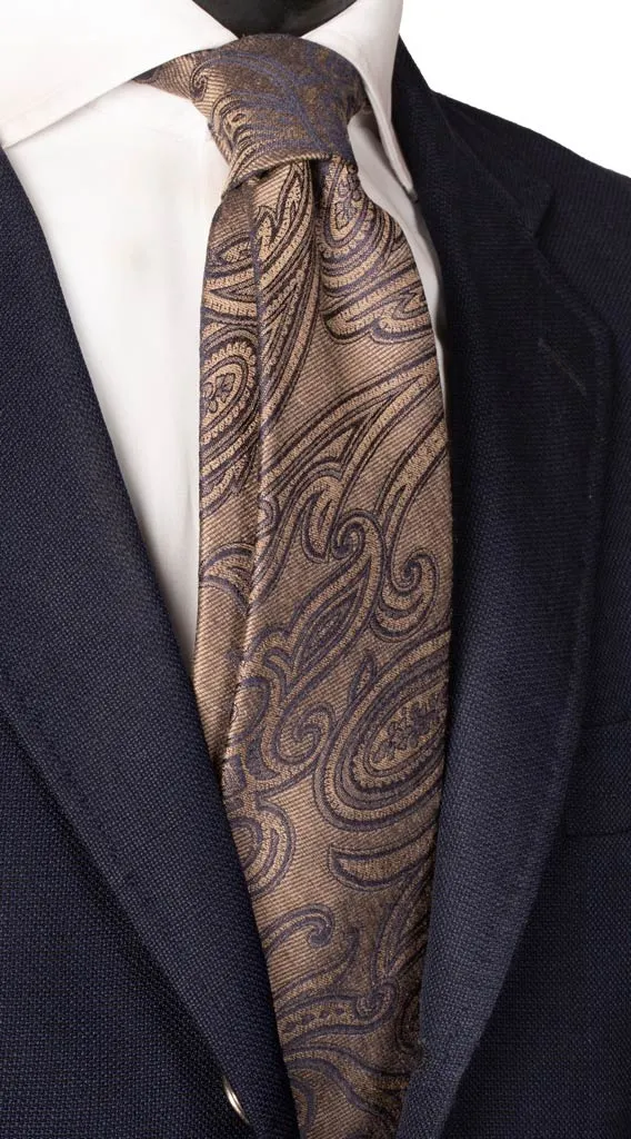 Man Dark Beige Silk Tie Blue Paisley 6563