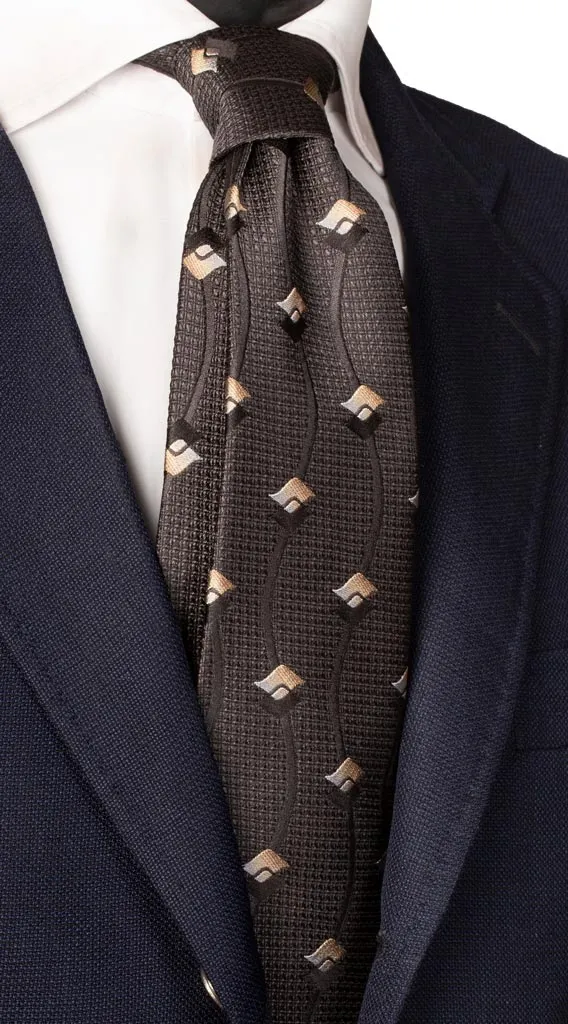 Man Dark Grey Silk Tie Beige Black Pattern 6446
