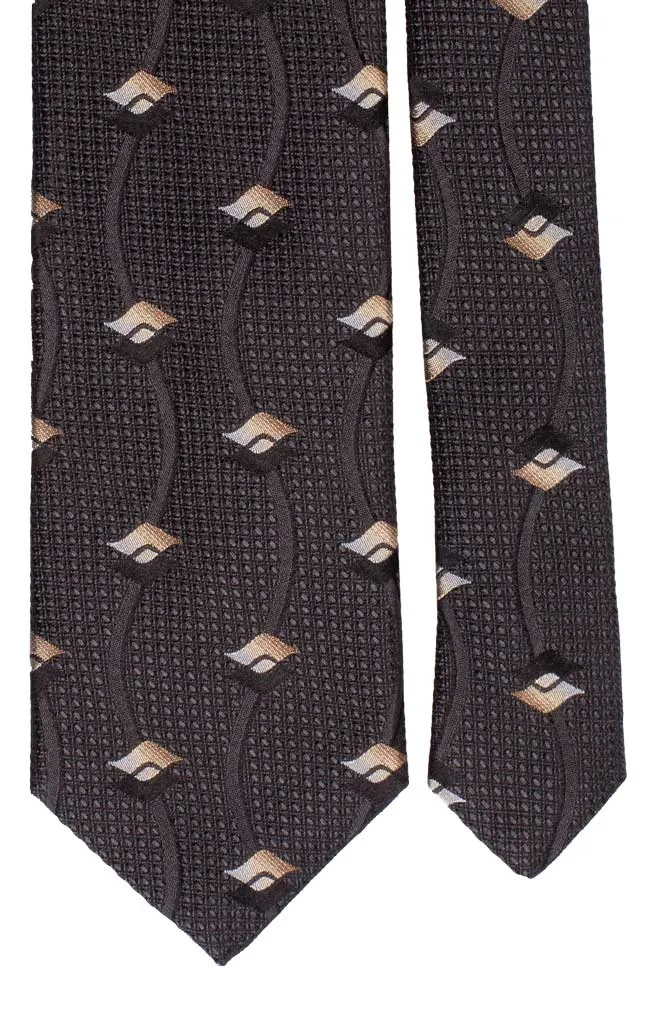 Man Dark Grey Silk Tie Beige Black Pattern 6446