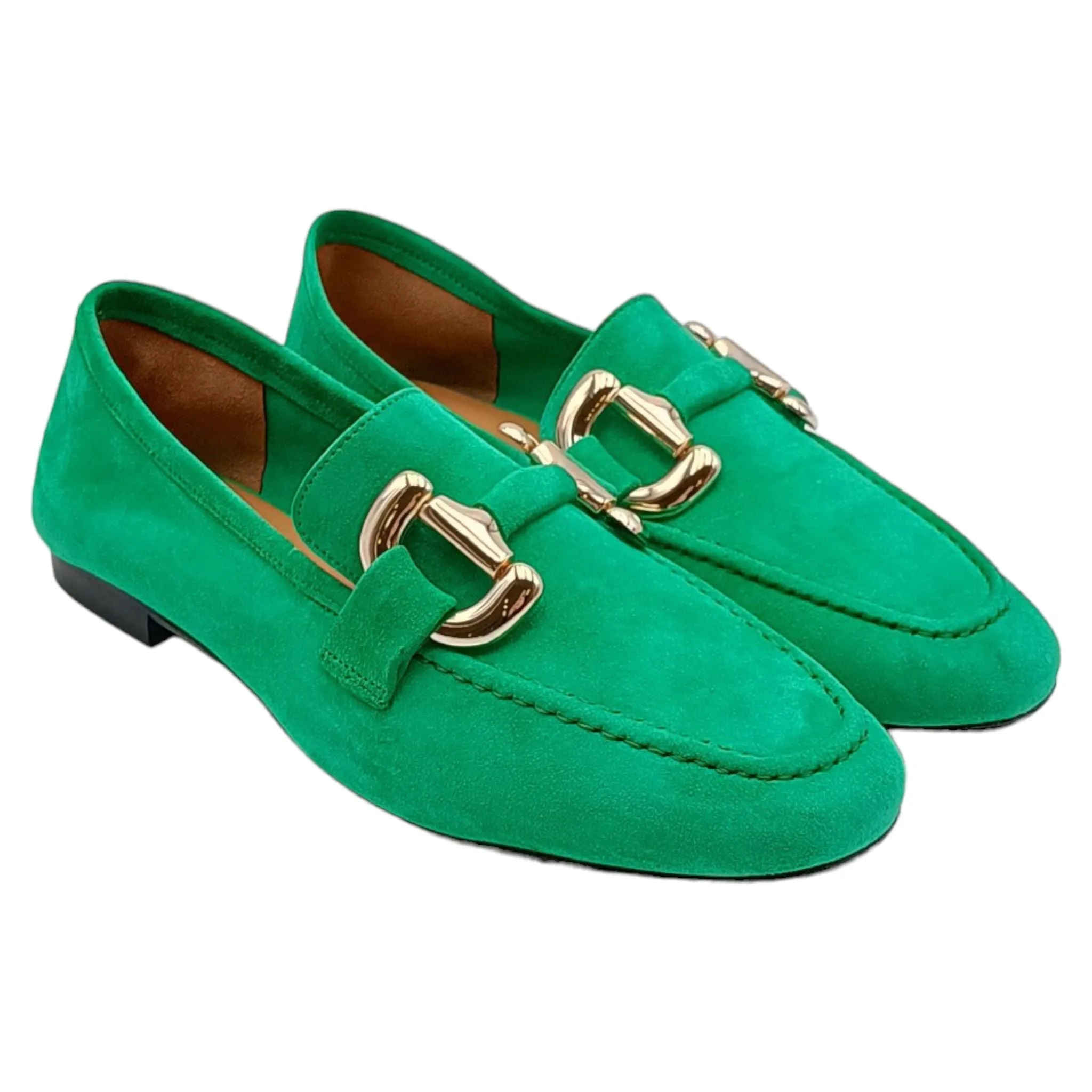 Mocassini Donna in camoscio verde con morsetto oro Poeme