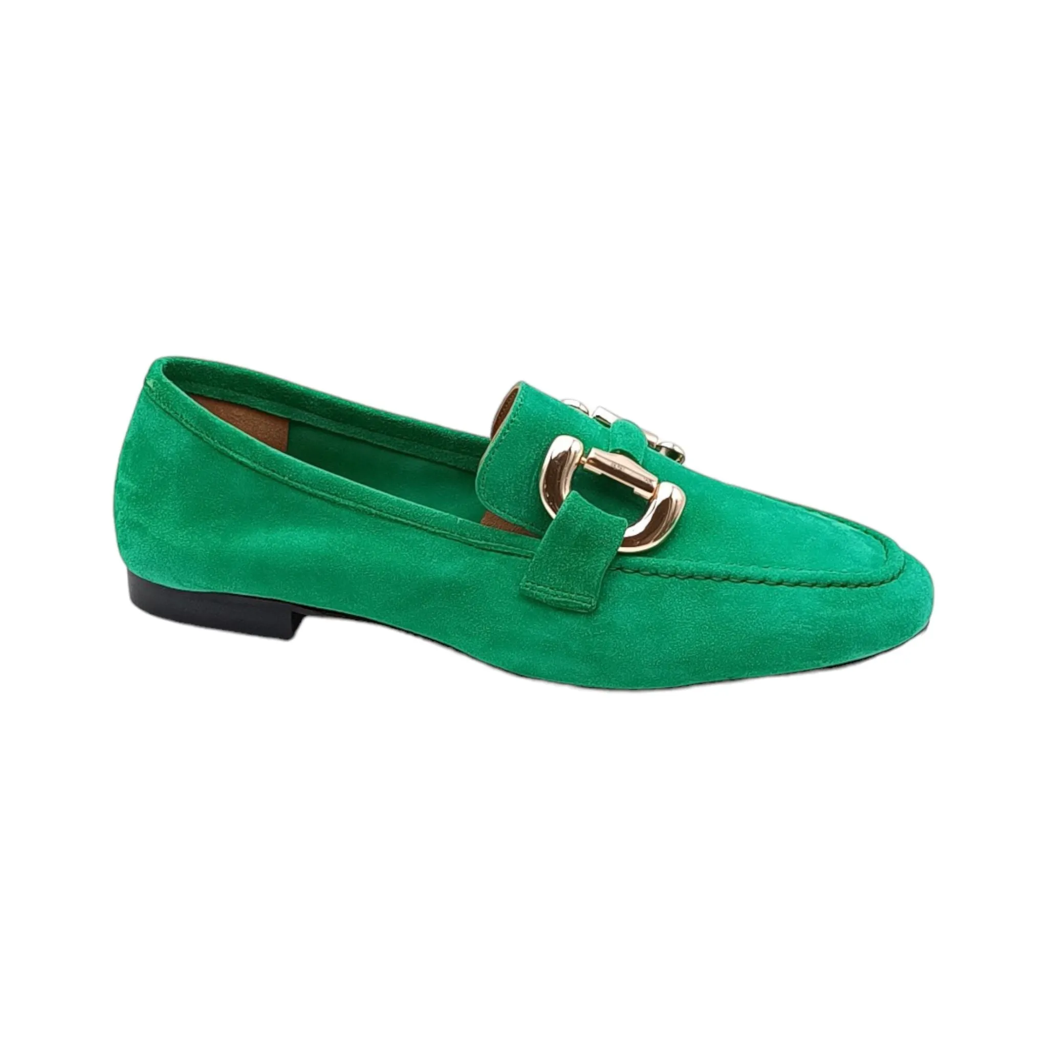 Mocassini Donna in camoscio verde con morsetto oro Poeme