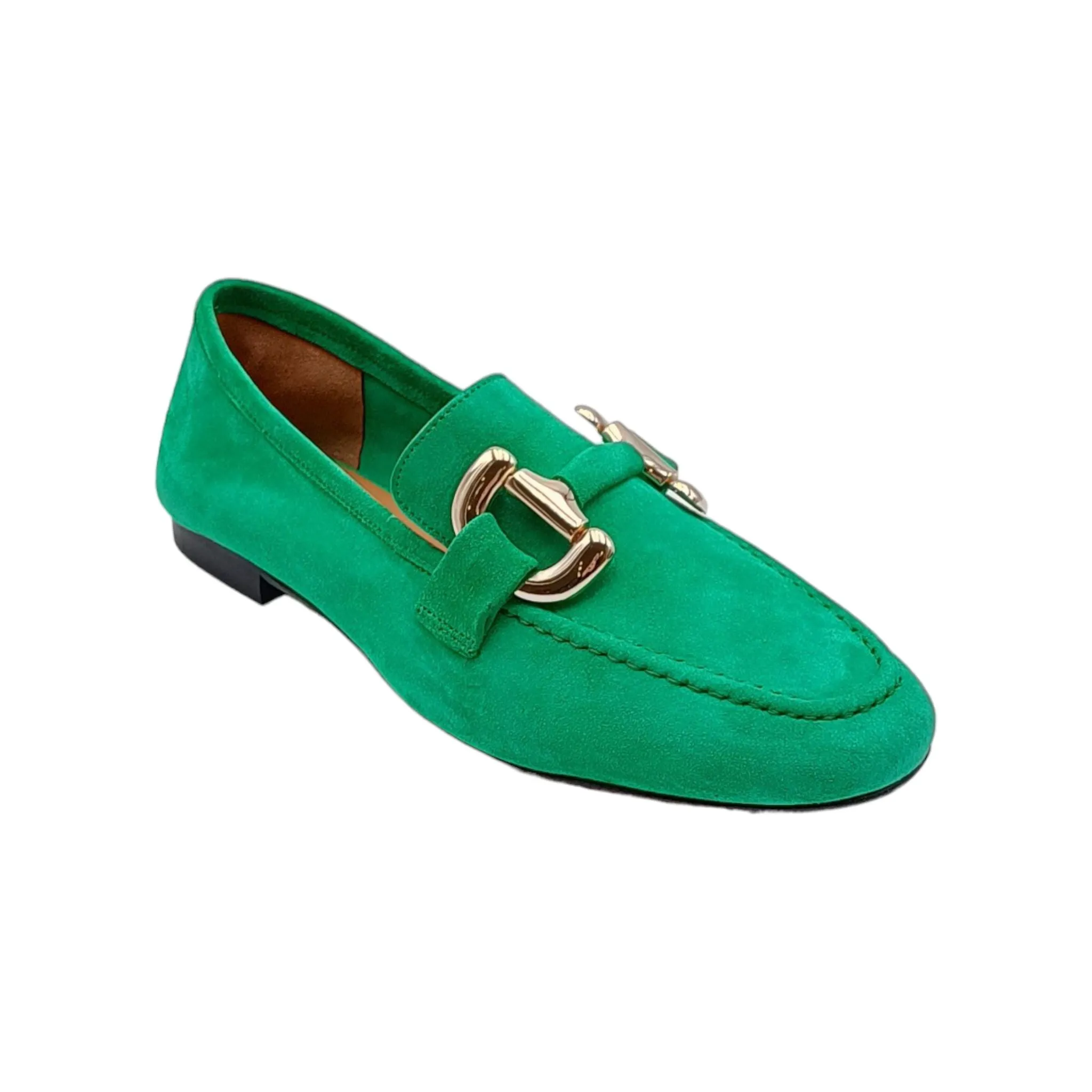 Mocassini Donna in camoscio verde con morsetto oro Poeme