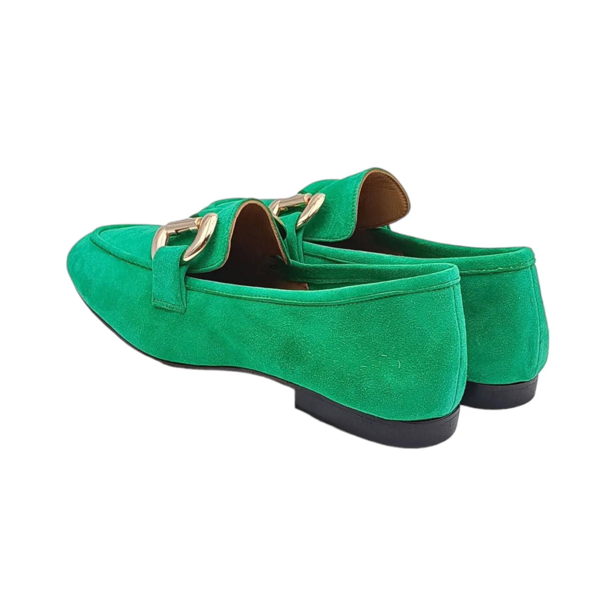 Mocassini Donna in camoscio verde con morsetto oro Poeme