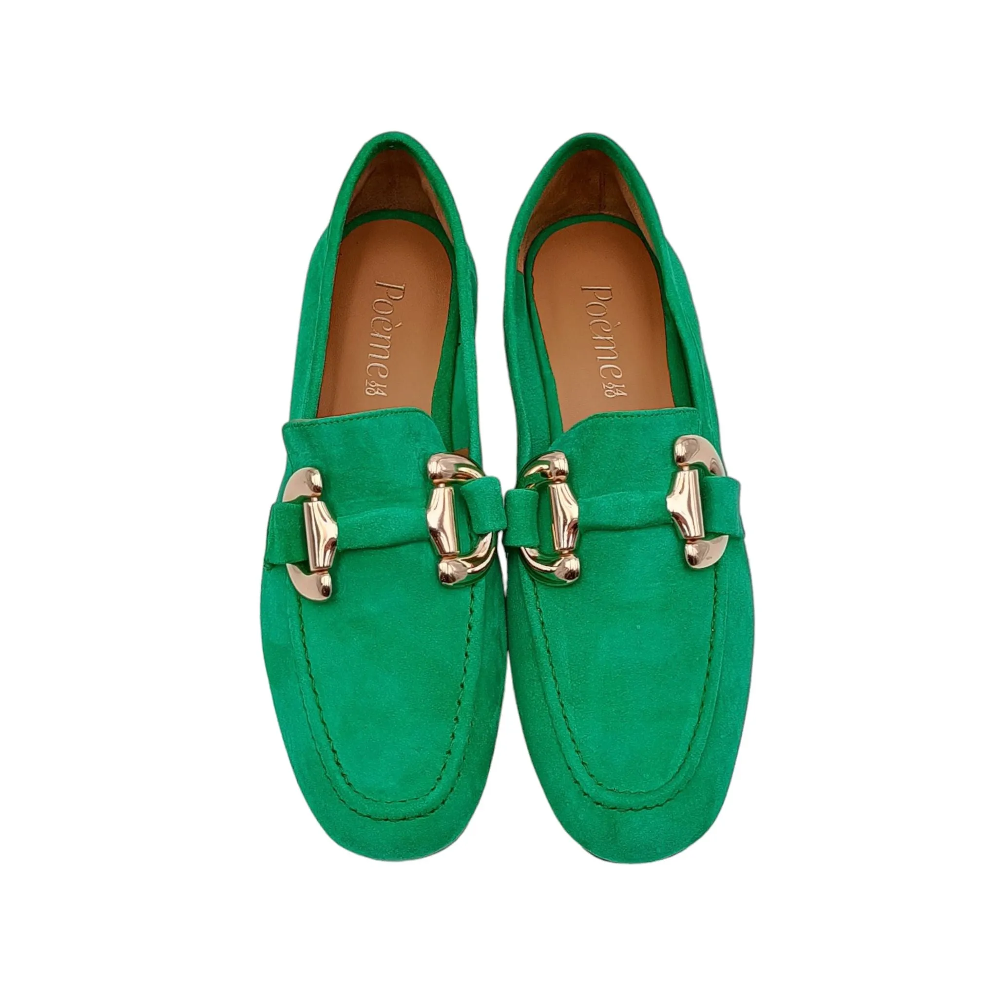Mocassini Donna in camoscio verde con morsetto oro Poeme