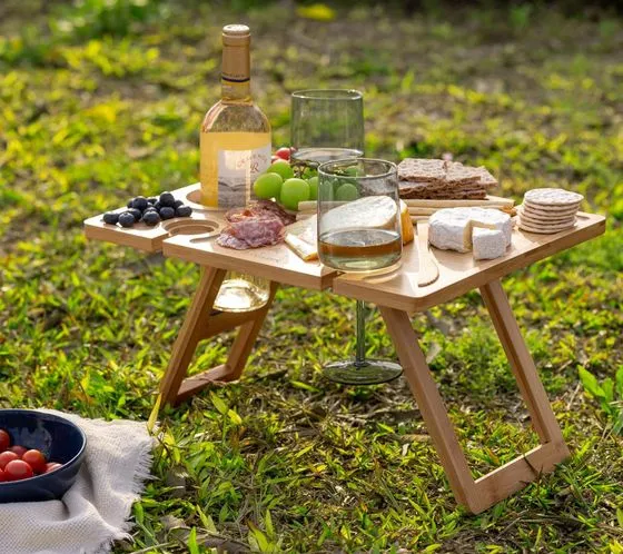 NAVARIS tavolo da picnic portatile in bambù pieghevole con portabicchiere da vino e portabottiglie da vino vassoio da vino 56161
