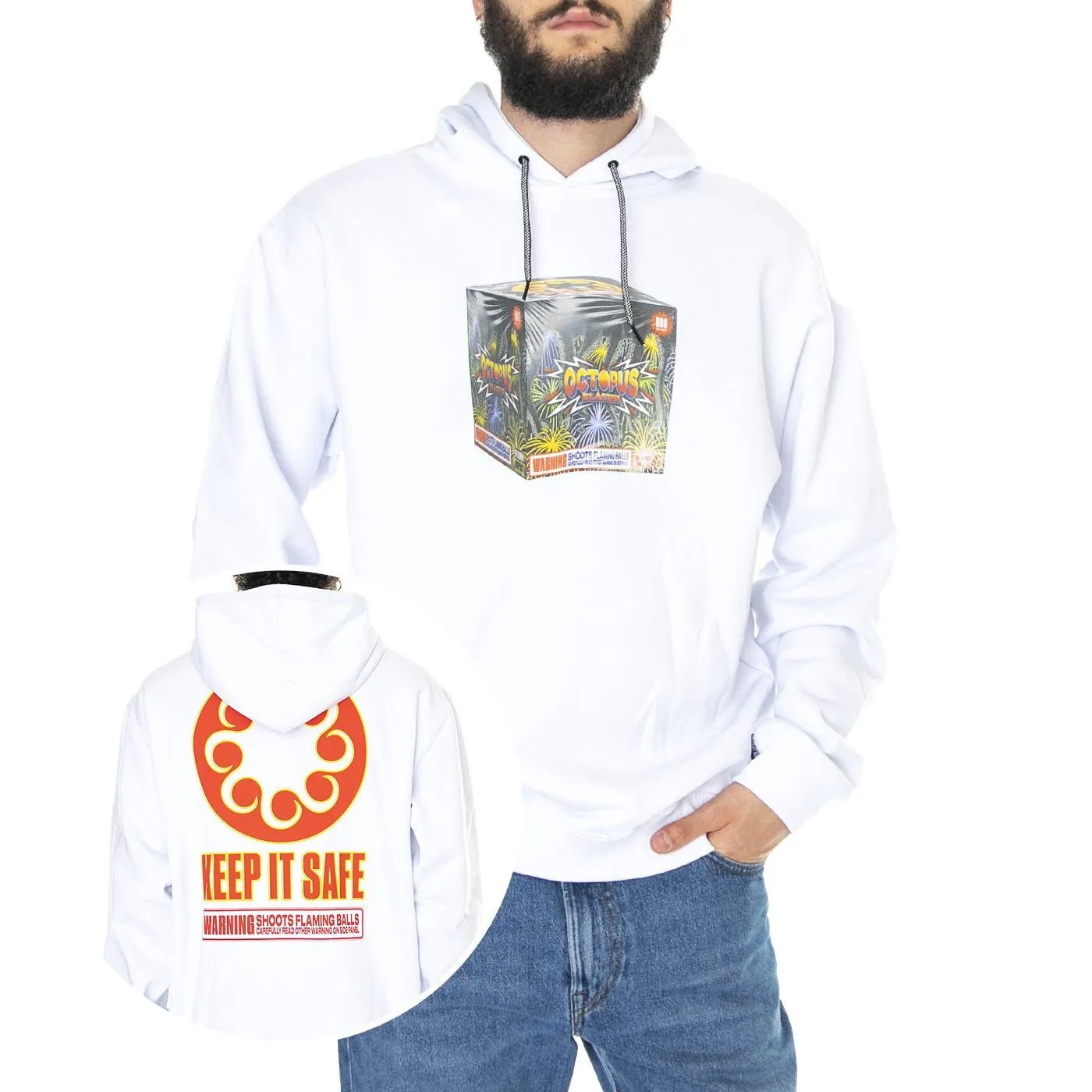 Octopus Blaster Hoodie White - Felpa con Cappuccio Uomo Bianca    